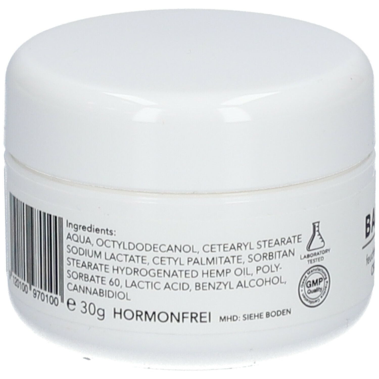 Weiße Creme-Dose mit Inhaltsstoffen und Barcode. Aufschrift: 30g, hormonfrei. Laborgeprüft und GMP-Qualität.