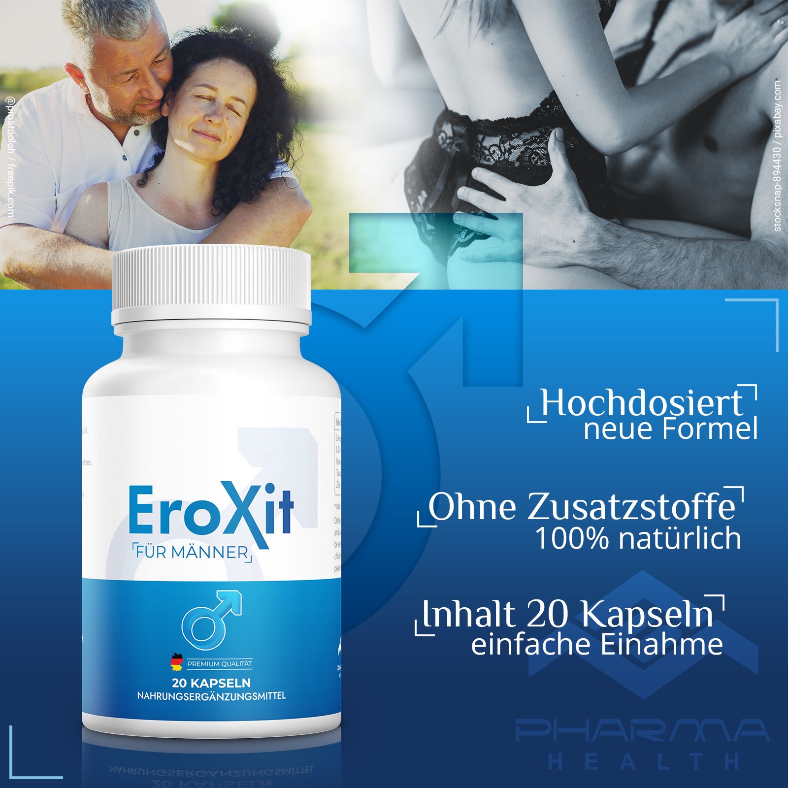 Eine Flasche "EroXit für Männer" mit Text daneben. Auf der Flasche steht "20 Kapseln". Das Logo ist ebenfalls abgebildet. Im Hintergrund ein Paar.