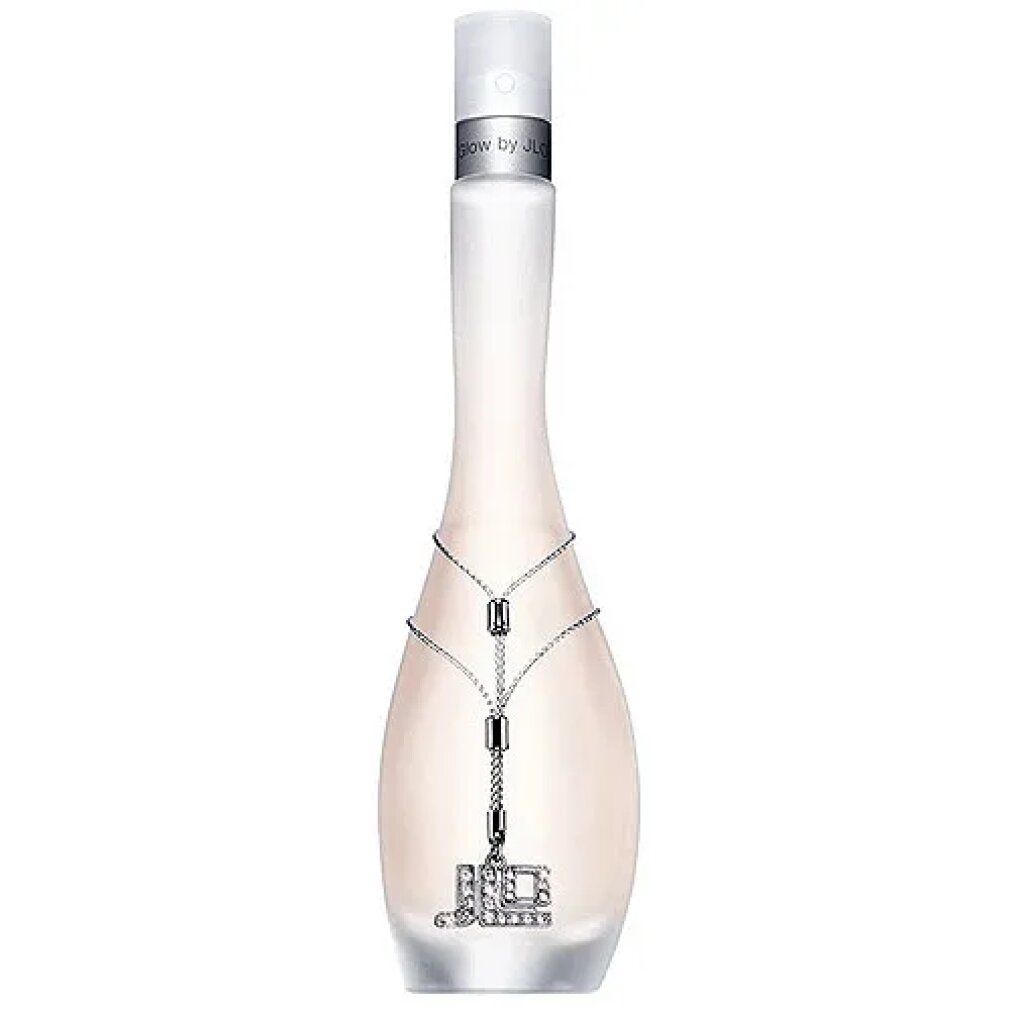 Eau de Toilette-Flakon. Flakon mit silberfarbener Kette und JLo-Logo. Weißer Deckel. Tropfenförmiger Flakon.