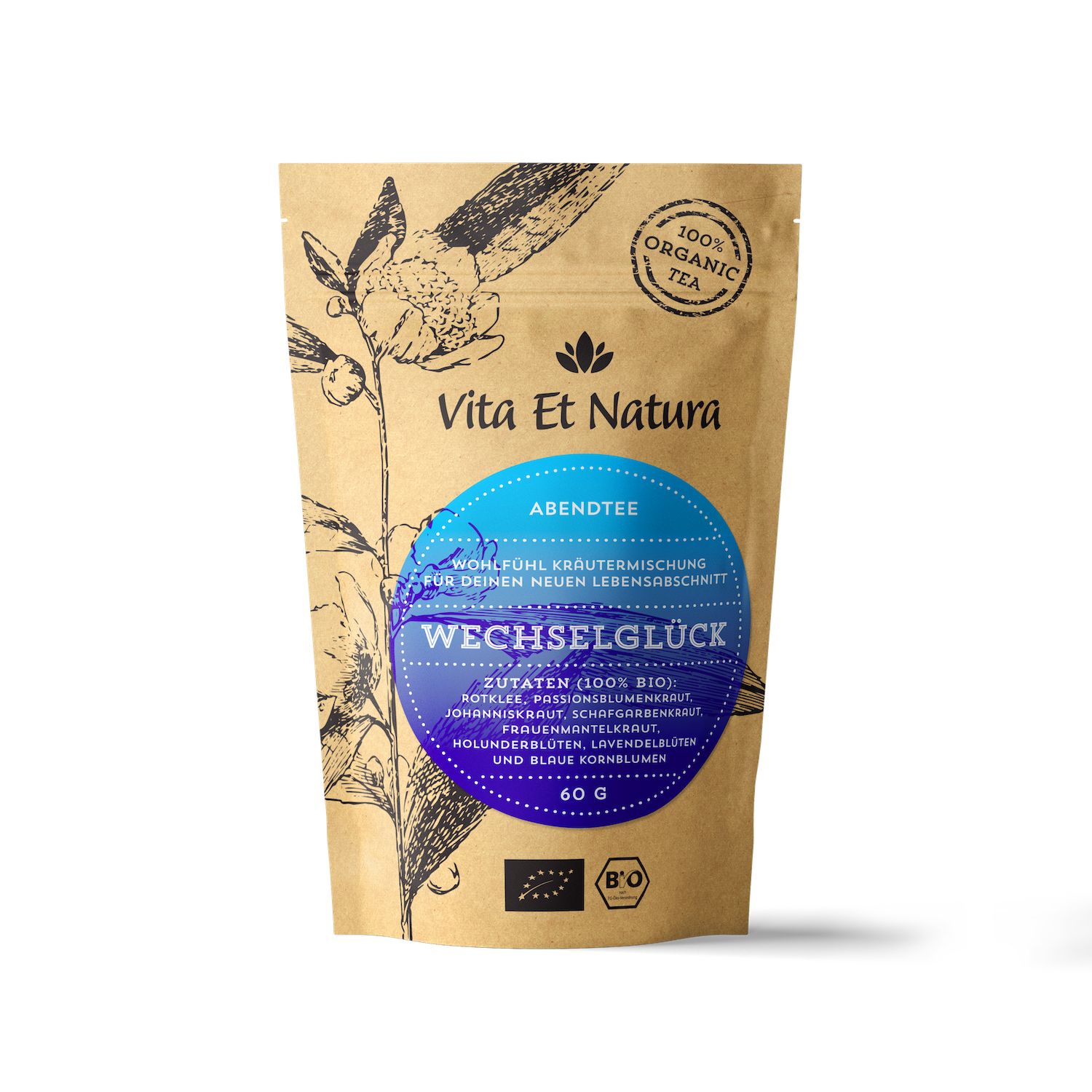 Beutel mit Aufdruck. Text: Abendtee, Wechselglück, Zutaten, 60g. Logo: Vita Et Natura, 100% Organic Tea, Bio-Siegel.