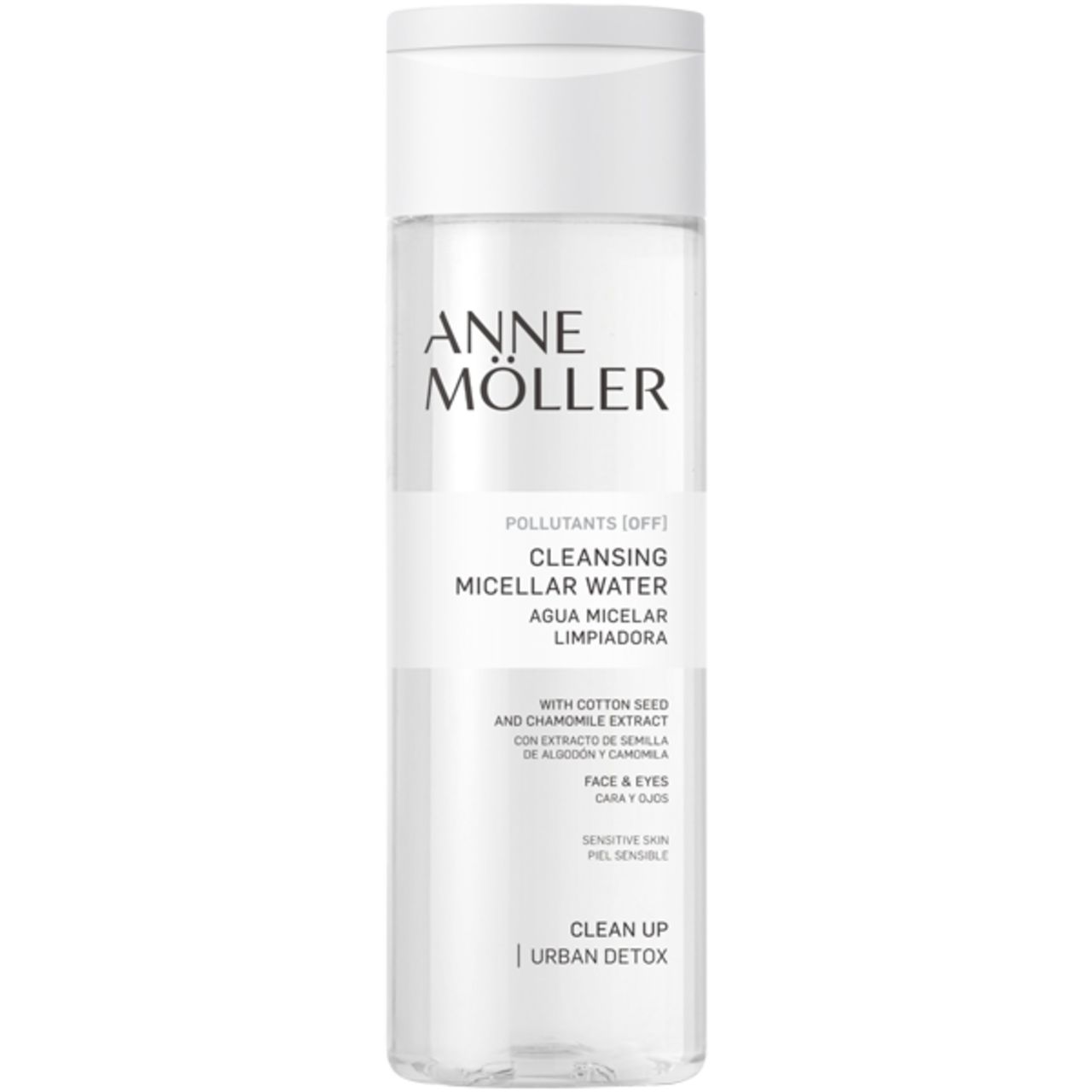 Klare Flasche mit weißem Deckel. Beschriftung: Anne Möller, Cleansing Micellar Water, Agua Micelar Limpiadora.