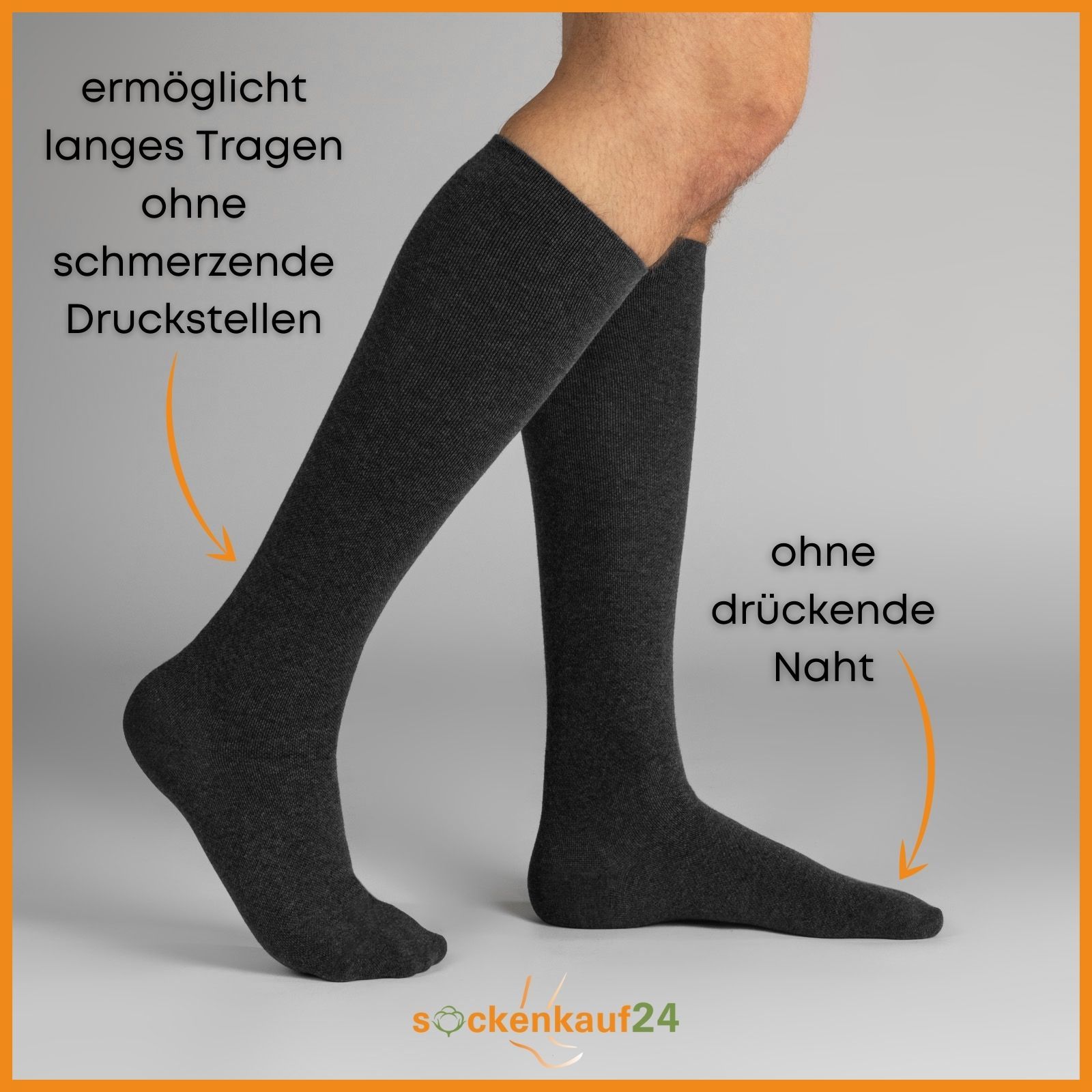 Person trägt graue Kompressionsstrümpfe. Text: Ermöglicht langes Tragen ohne Druckstellen, ohne drückende Naht. Marke: sockenkauf24.