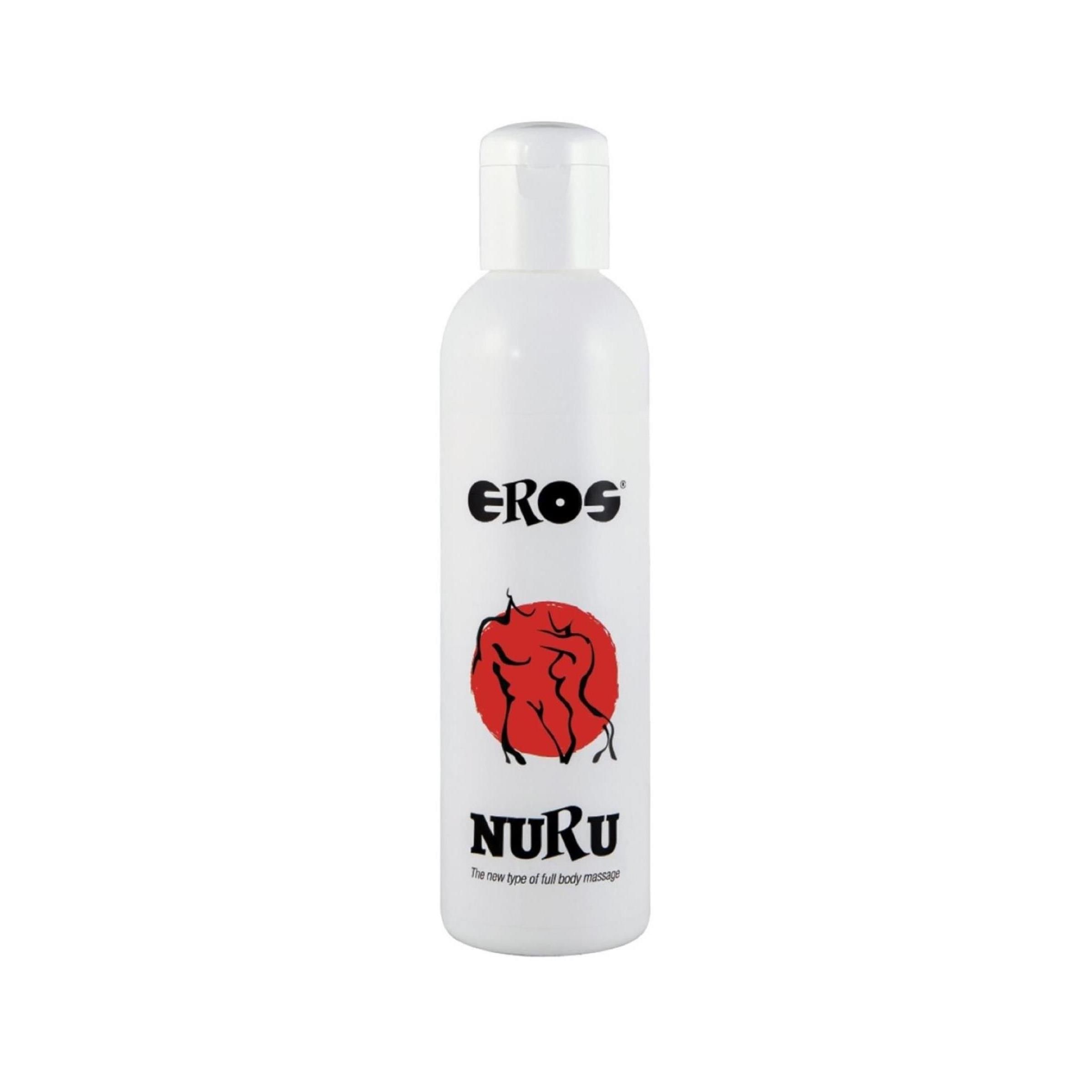 Weiße Flasche mit "EROS"-Logo, rotem Kreis mit Figuren und "NURU"-Schriftzug. Text darunter.