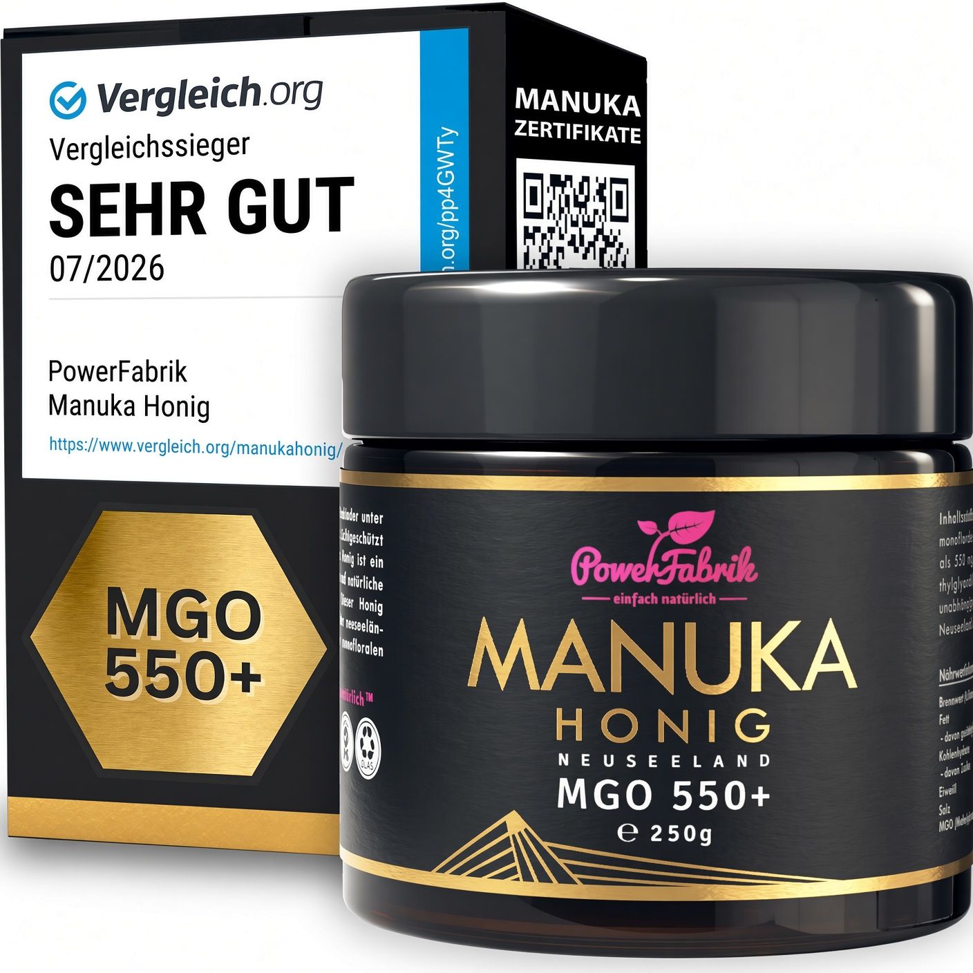 PowerFabrik Manuka Honig MGO 550+ Glas und Karton. Siegel 'Sehr Gut'.