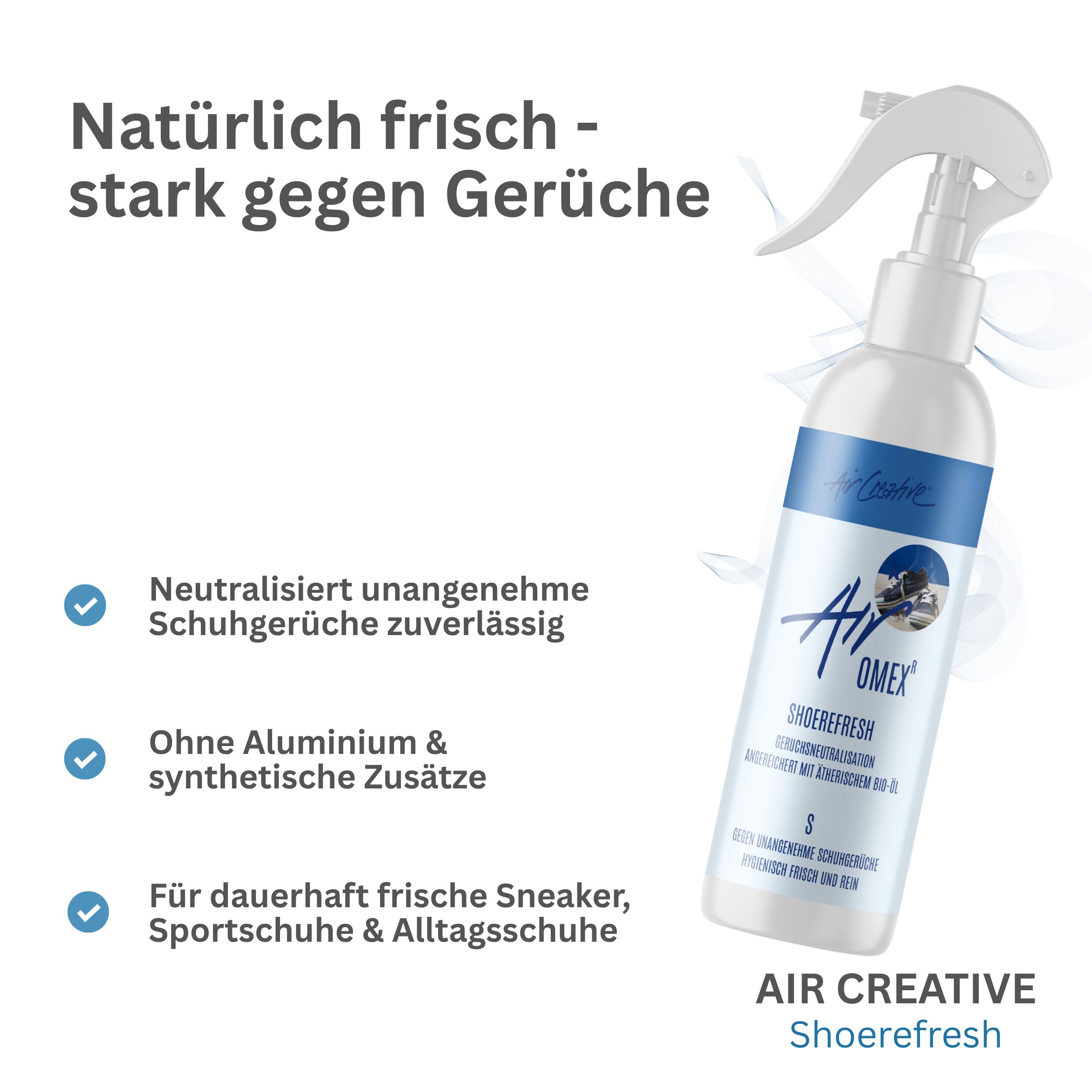 Weiße Sprühflasche mit blauem Etikett. Text: Air Creative Airomex Schuhfrisch. Wirkt gegen Gerüche. Ohne Aluminium und synthetische Zusätze.