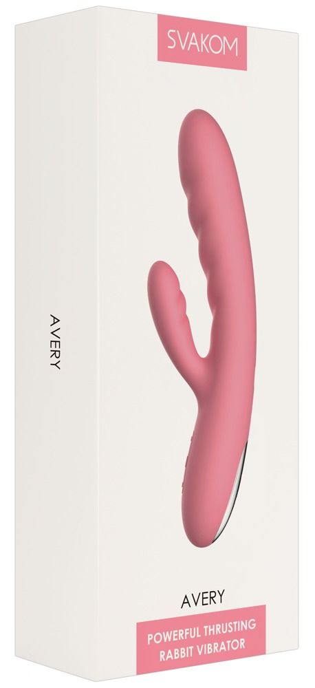 Rosa Vibrator in weißer Verpackung. Marke SVAKOM. Produktname AVERY. Text: Powerful Thrusting Rabbit Vibrator.