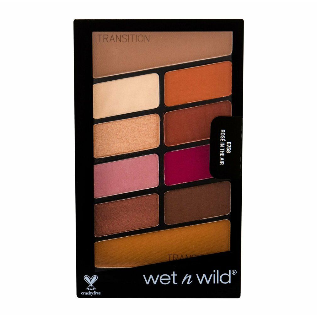 Lidschatten-Palette mit 10 Farbtönen. Schwarze Verpackung. Verschiedene Rosé- und Brauntöne. Aufschrift "Transition". Marke wet n wild.
