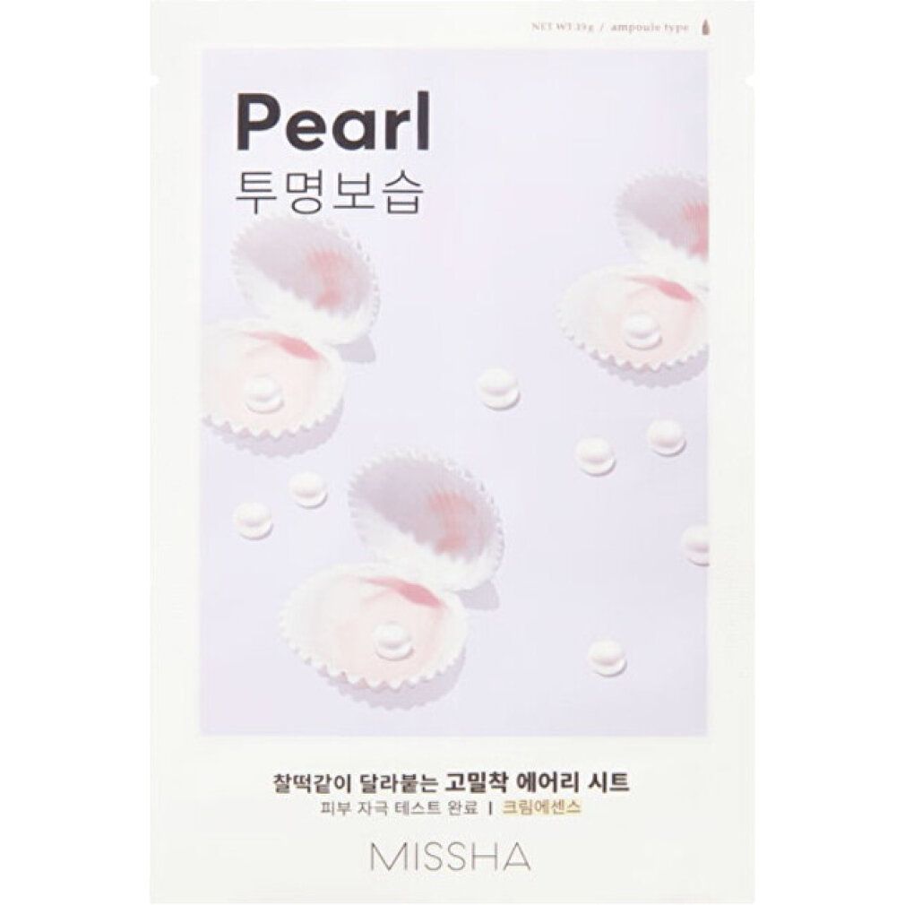Verpackung mit Aufdruck "Pearl" und Muscheln. Text in koreanischer Sprache. Marke: MISSHA. Weißer Hintergrund.
