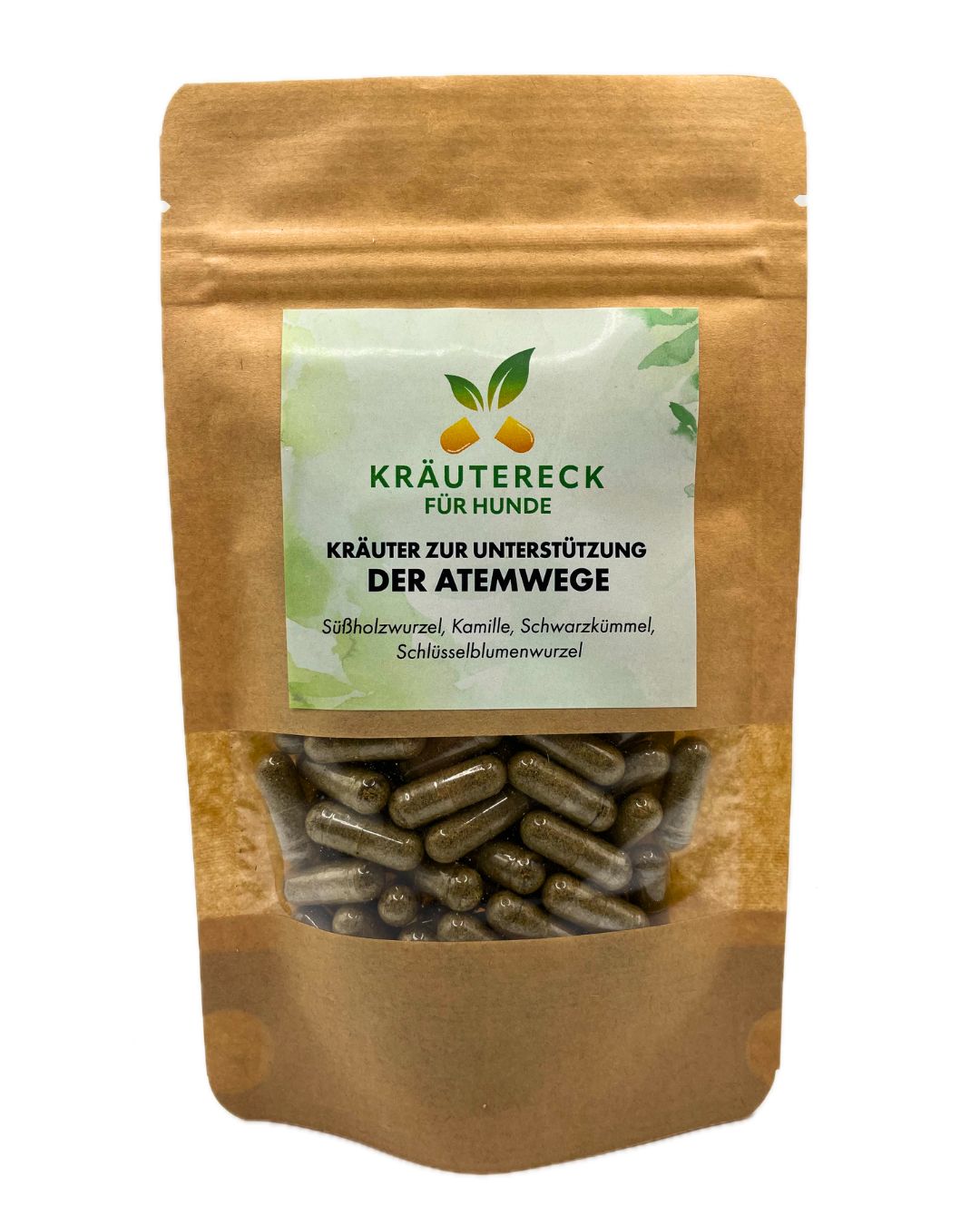 Beutel mit Kräuterkapseln für Hunde. Sichtbar: Produktname, Inhaltsstoffe, Kapselform, braune Verpackung.
