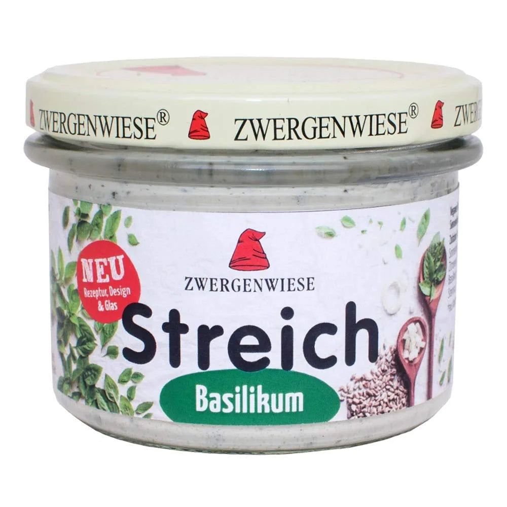 Zwergenwiese Streich Basilikum Glas mit Etikett.