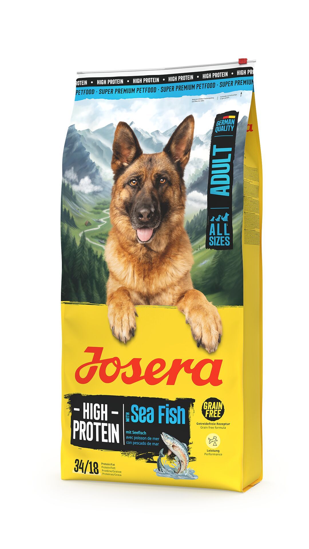 Gelbe Verpackung mit Hund und Produktnamen JOSERA High Protein Adult Sea Fish. Text: High Protein, Sea Fish, Adult, Alle Größen.
