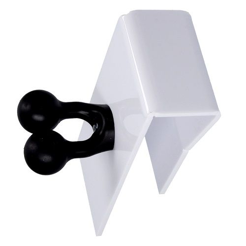 Weißes, V-förmiges Klemmbrett mit schwarzem, doppelkugelförmigem Element.