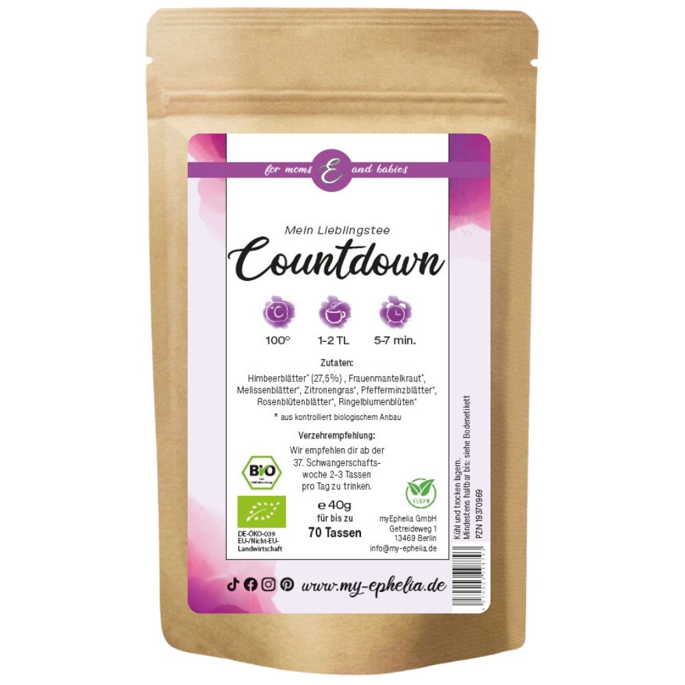 Produktverpackung mit Text und Logos. Text: Mein Lieblingstee Countdown. Bio-Siegel. Zutatenliste.