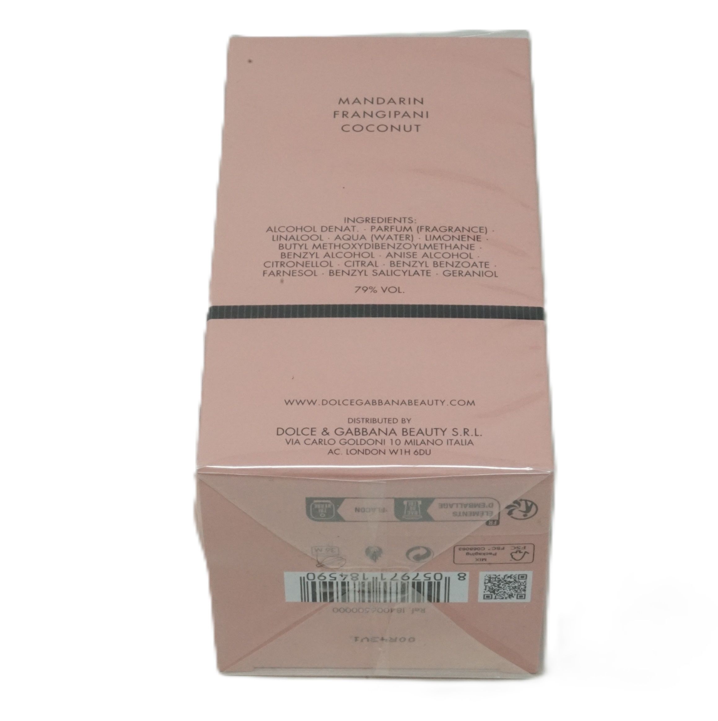 Rosa Kartonverpackung. Aufschrift: Mandarin, Frangipani, Coconut. Inhaltsstoffe und Herstellerinformationen. 79% Vol.