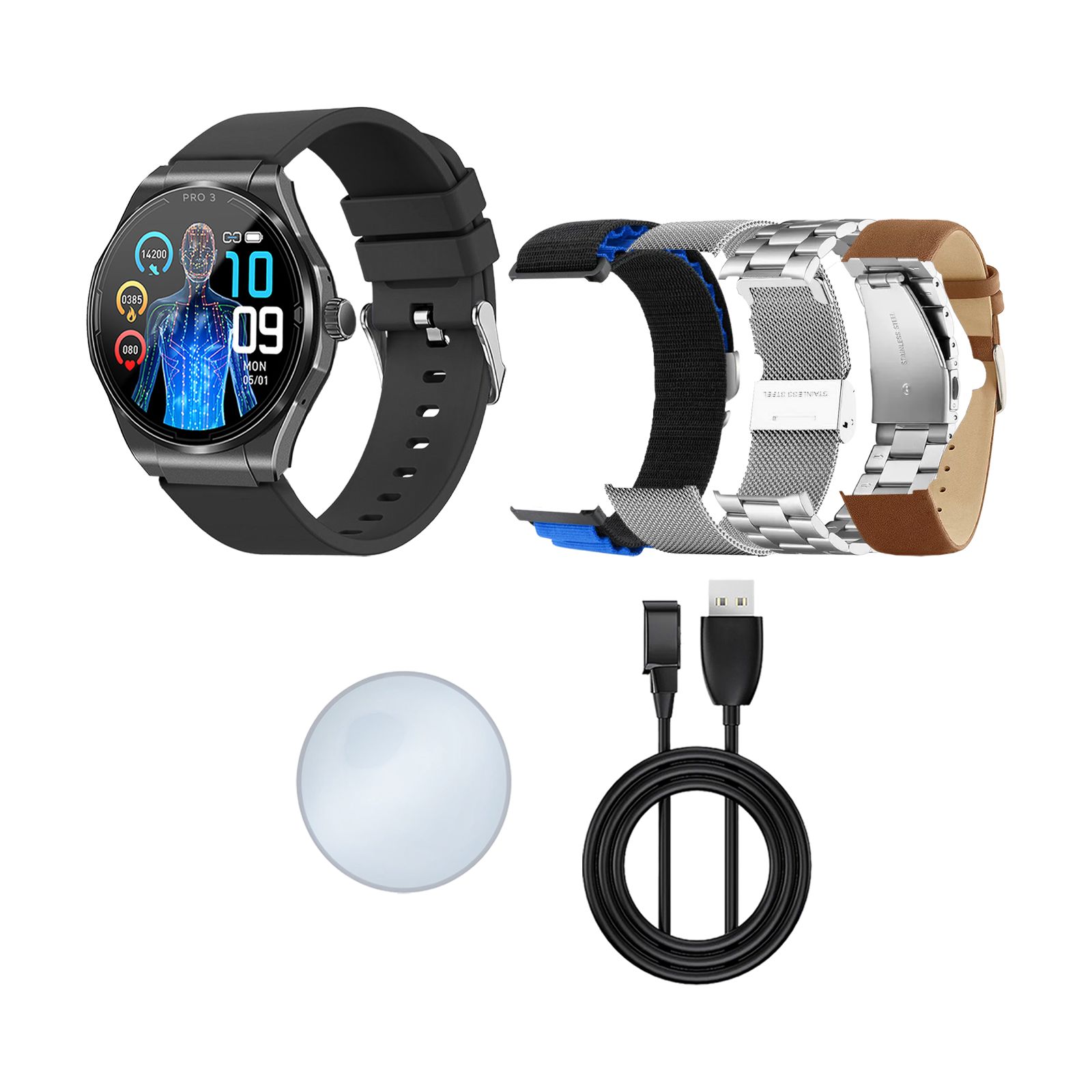 Smartwatch mit schwarzem Armband, zusätzliche Armbänder in Schwarz, Silber und Braun. Ladekabel und Ladepad.