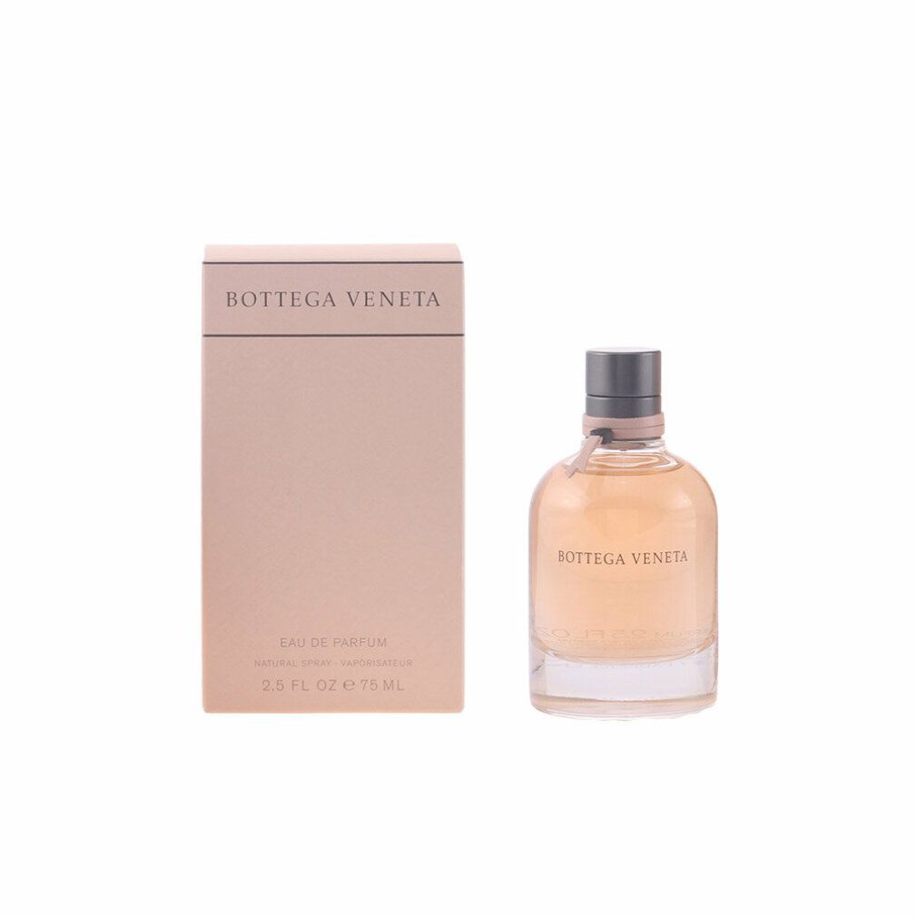 Parfümflasche und Verpackung. Aufschrift: Bottega Veneta, Eau de Parfum. Flasche mit braunem Verschluss. Verpackung in Beige.