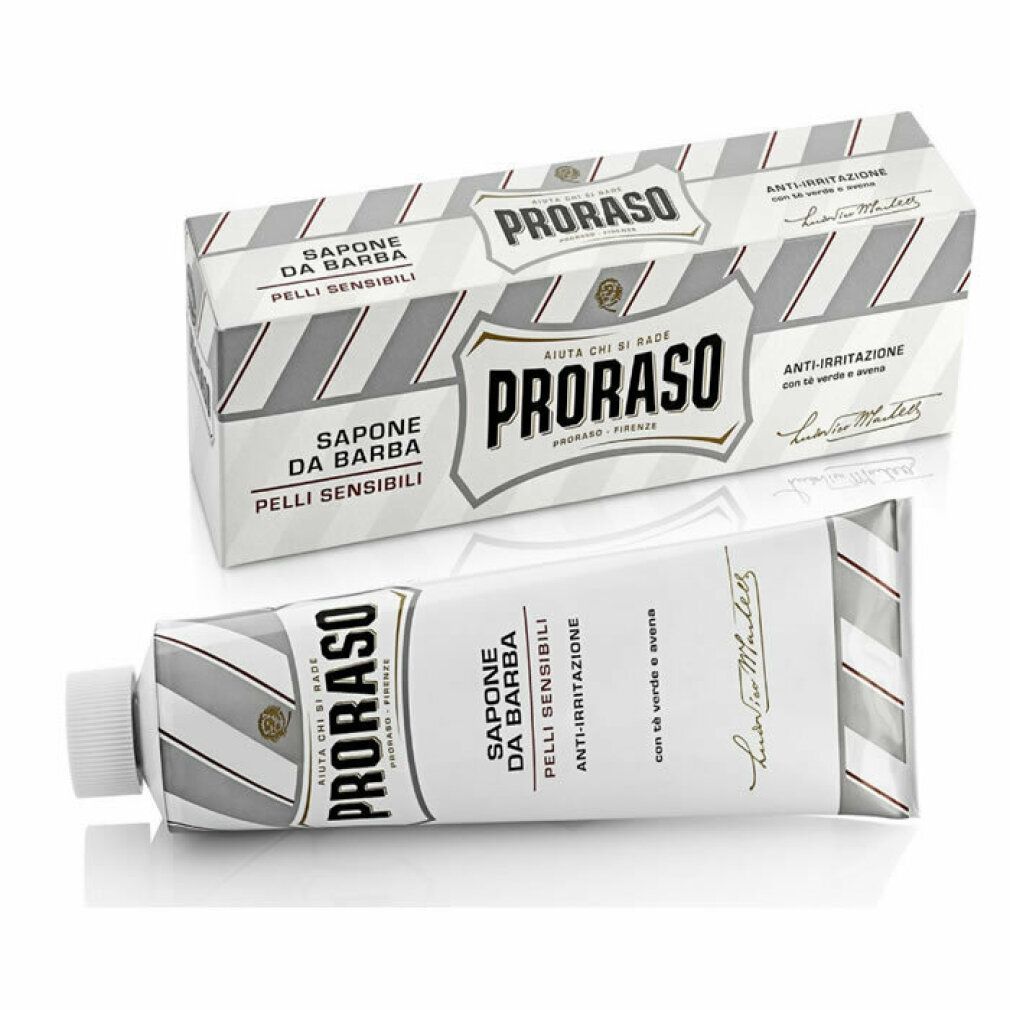 Proraso Rasiercreme Tube und Karton mit grau-silbernem Streifenmuster.