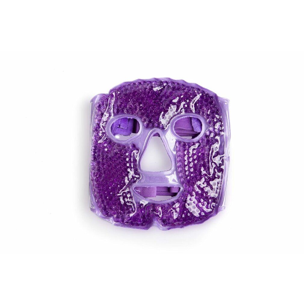 Lila Gesichtsmaske. Augen- und Mundöffnungen. Gelartige Oberfläche. Klettverschlüsse.