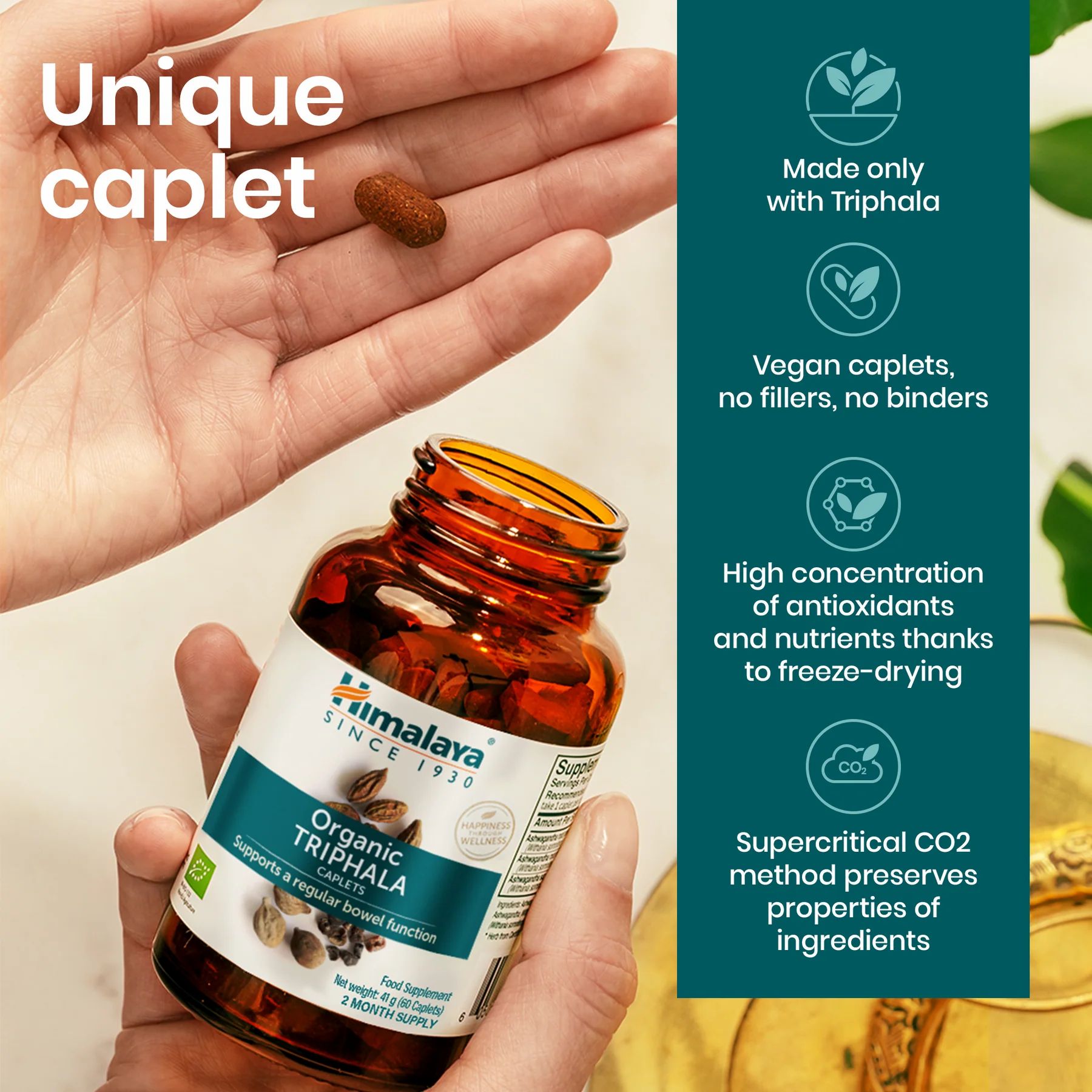 Himalaya Bio Triphala Caplet in Hand. Text: Vegan, keine Füllstoffe, hohe Konzentration, Superkritische CO2-Methode.