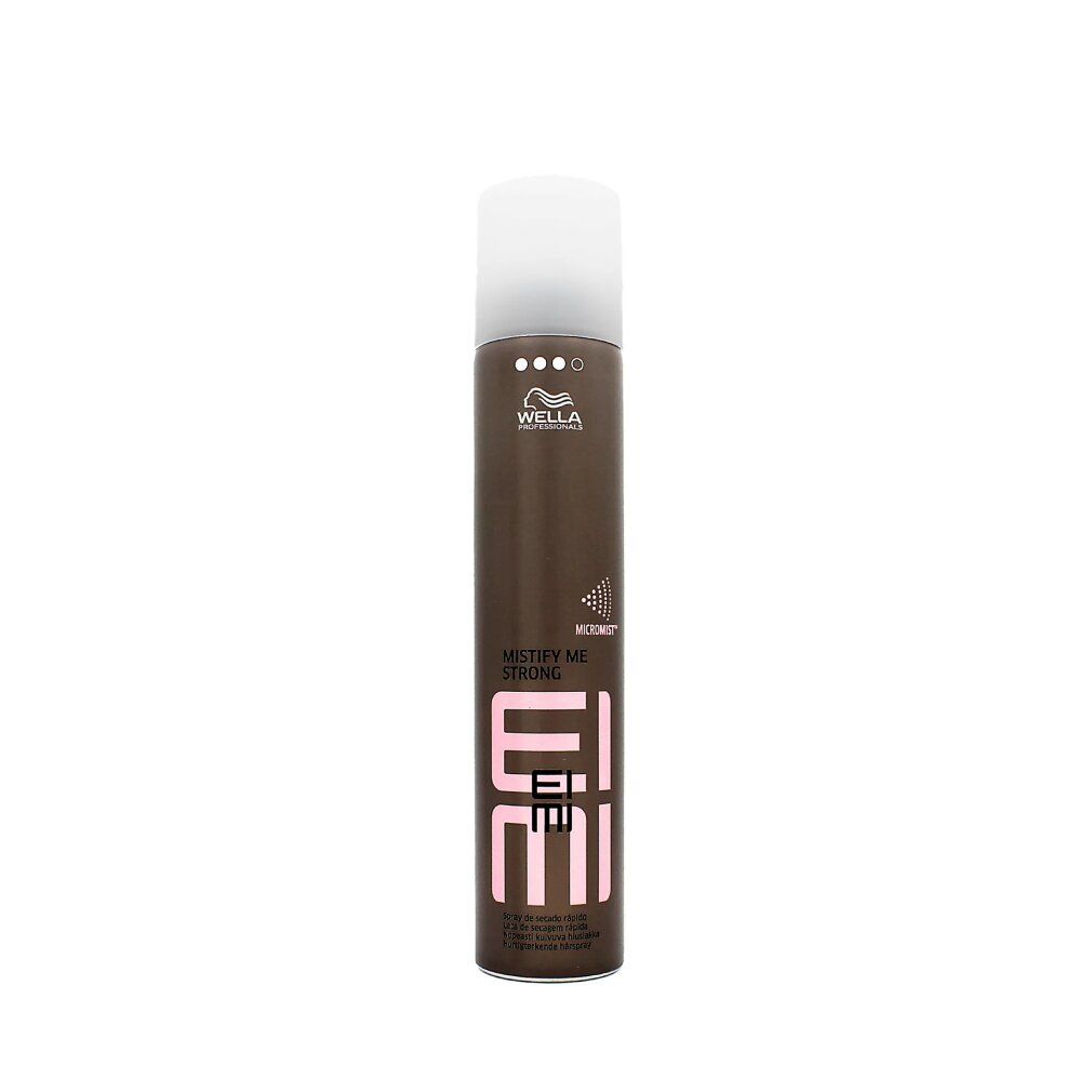 Braune Haarspray-Dose mit weißem Deckel. Aufschrift: EIMI, MISTIFY ME STRONG. Marke: Wella. Level 3.