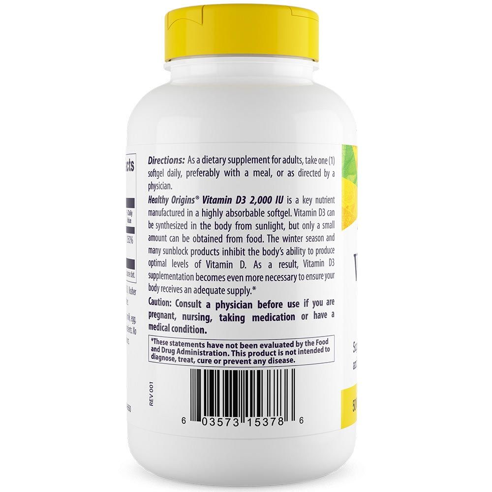 Rückseite der Flasche. Text: Healthy Origins Vitamin D3 2.000 IU. Barcode und Informationen zur Anwendung.