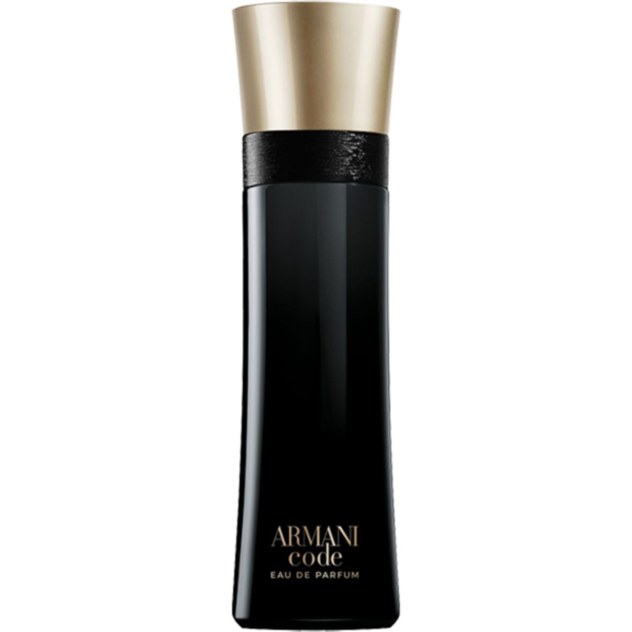 Schwarzer Flakon mit goldfarbenem Deckel. Aufschrift: Armani Code Eau de Parfum.