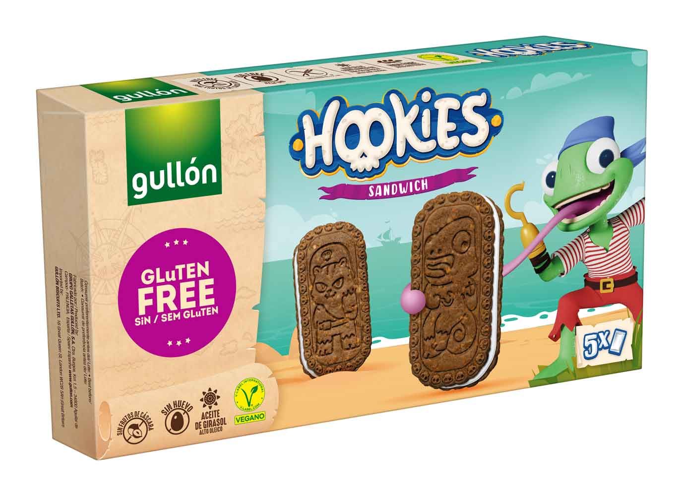 Verpackung von Hookies Sandwich-Cookies. Aufdruck: glutenfrei, vegan. Abgebildet sind Kekse mit Creme-Füllung und ein Piraten-Maskottchen.