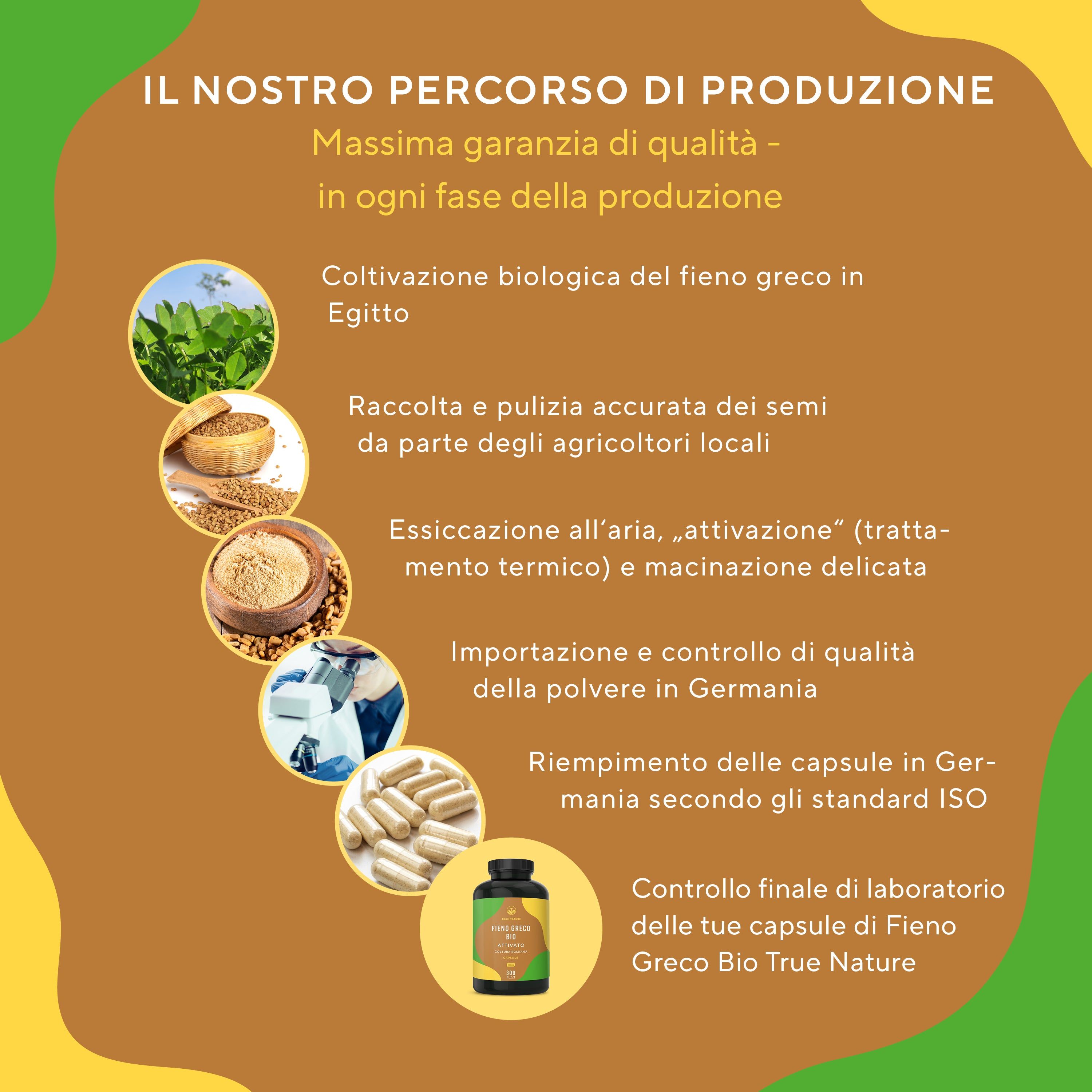 Grafico: Processo produttivo. Immagini: Coltivazione, raccolta, essiccazione, importazione, riempimento, laboratorio.