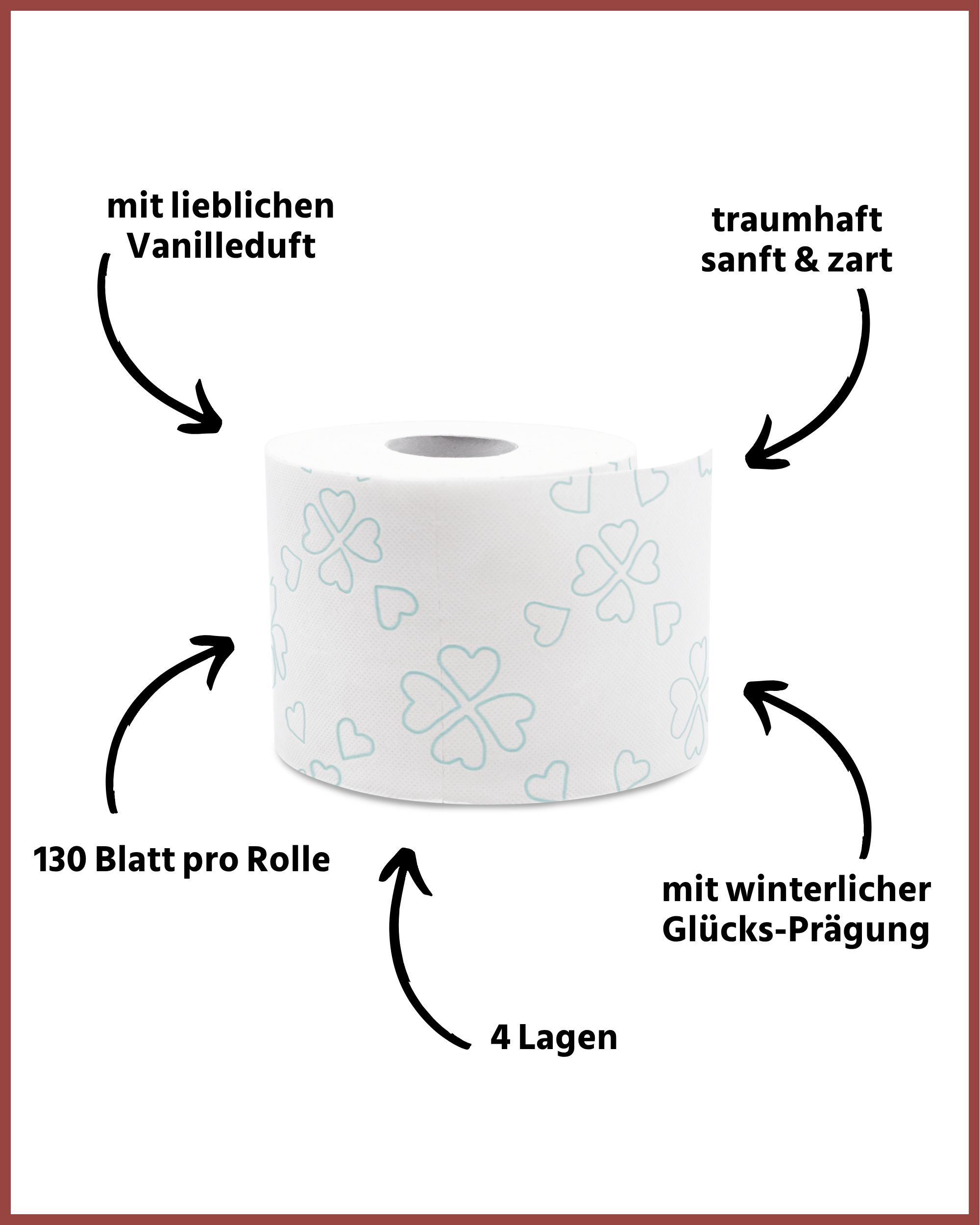 Toilettenpapierrolle mit Kleeblatt-Prägung und Vanilleduft-Hinweis. 4 Lagen, 130 Blatt.