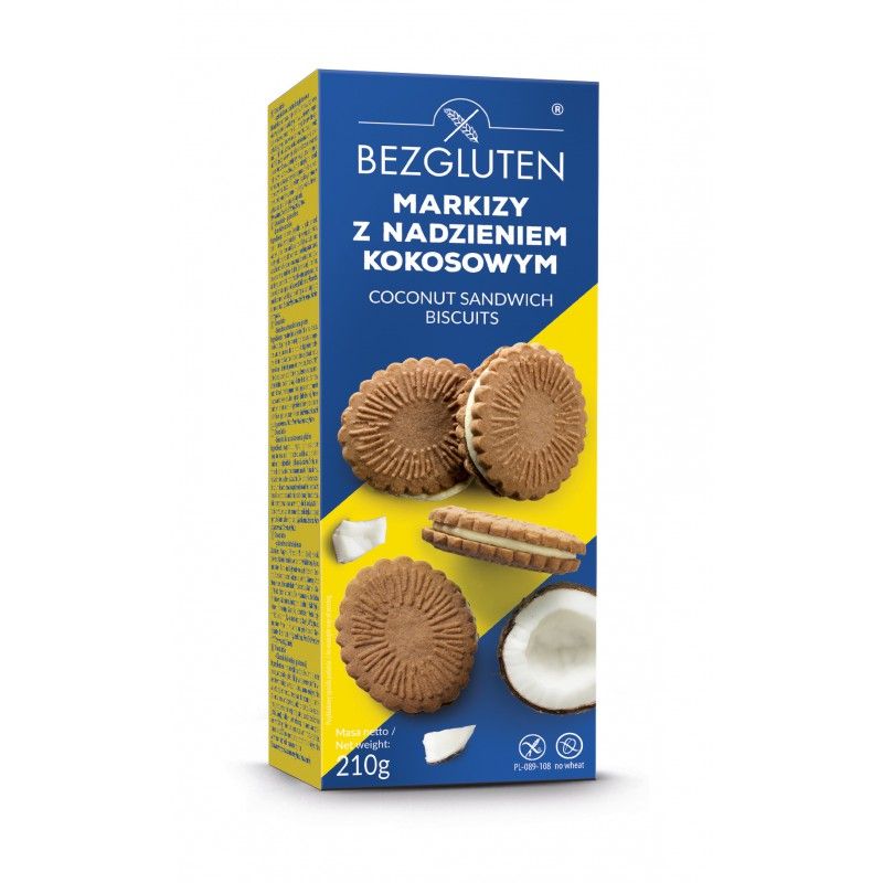 Verpackung mit Bezgluten Kokos Sandwich Keksen. Blaue und gelbe Schachtel mit Produktbildern und Text.
