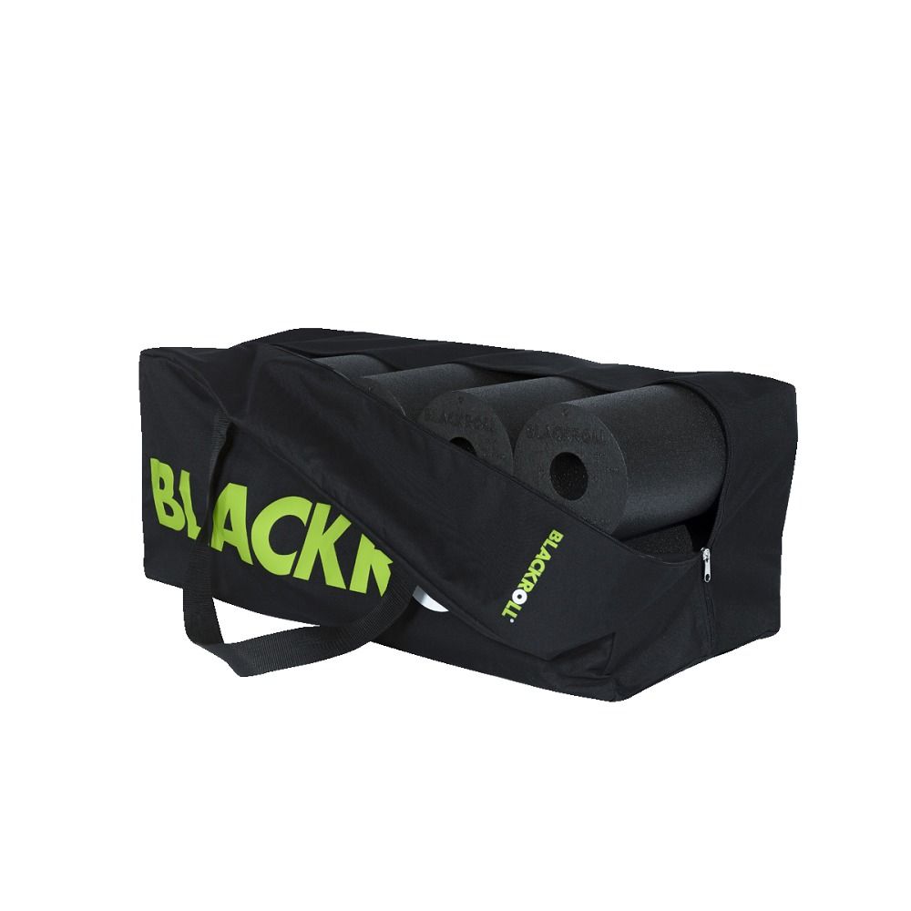 Schwarze Tasche mit grünem Logo. Geöffnet, mit mehreren schwarzen Rollen. Aufschrift: BLACKROLL.