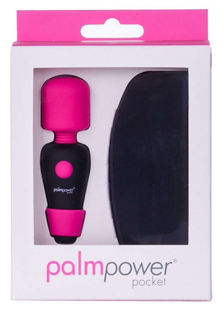 Produkt in Verpackung. Schwarzes Produkt mit pinkfarbenem Kopf und Knopf. Aufdruck: Palmpower pocket.