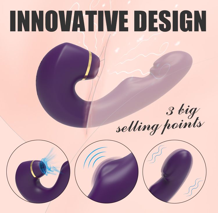 Lila Vibrator mit Text: Innovatives Design. 3 Verkaufsargumente. Diagramme der Funktionen.