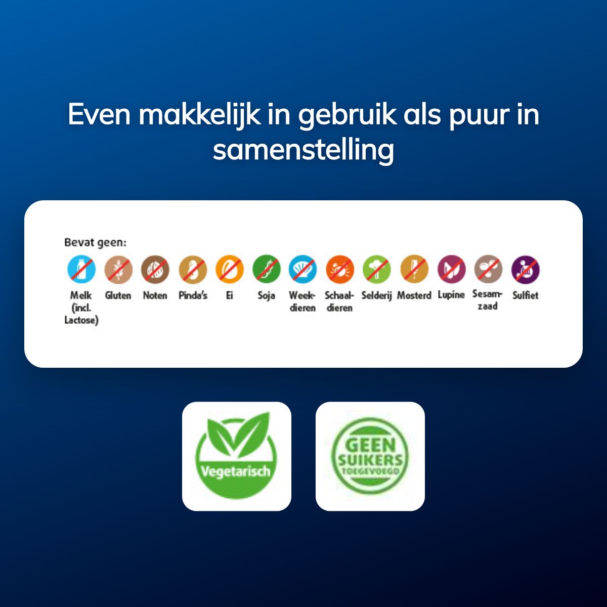 Liste von Allergenen, die nicht enthalten sind: Milch, Gluten, Nüsse, Erdnüsse, Eier, Soja, Sellerie, Senf, Lupinen, Sesam, Sulfit.