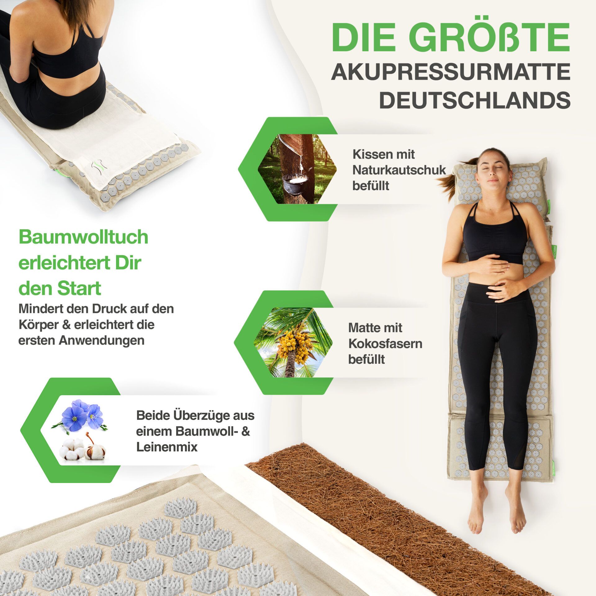 Frau liegt auf Akupressurmatte. Text: „Die größte Akupressurmatte Deutschlands“. Produktmerkmale und Inhaltsstoffe.