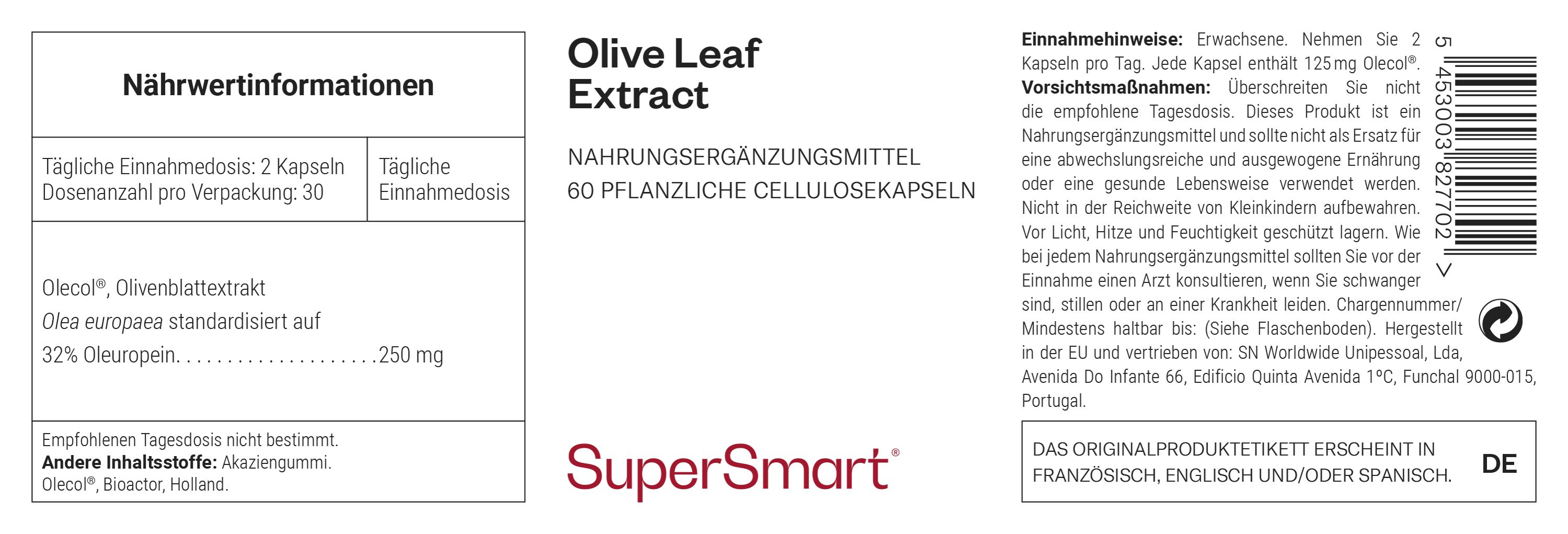 Etikett mit Nährwertinformationen für Olivenblattextrakt-Kapseln. Enthält Inhaltsstoffe und Verzehrempfehlung. Marke: SuperSmart.