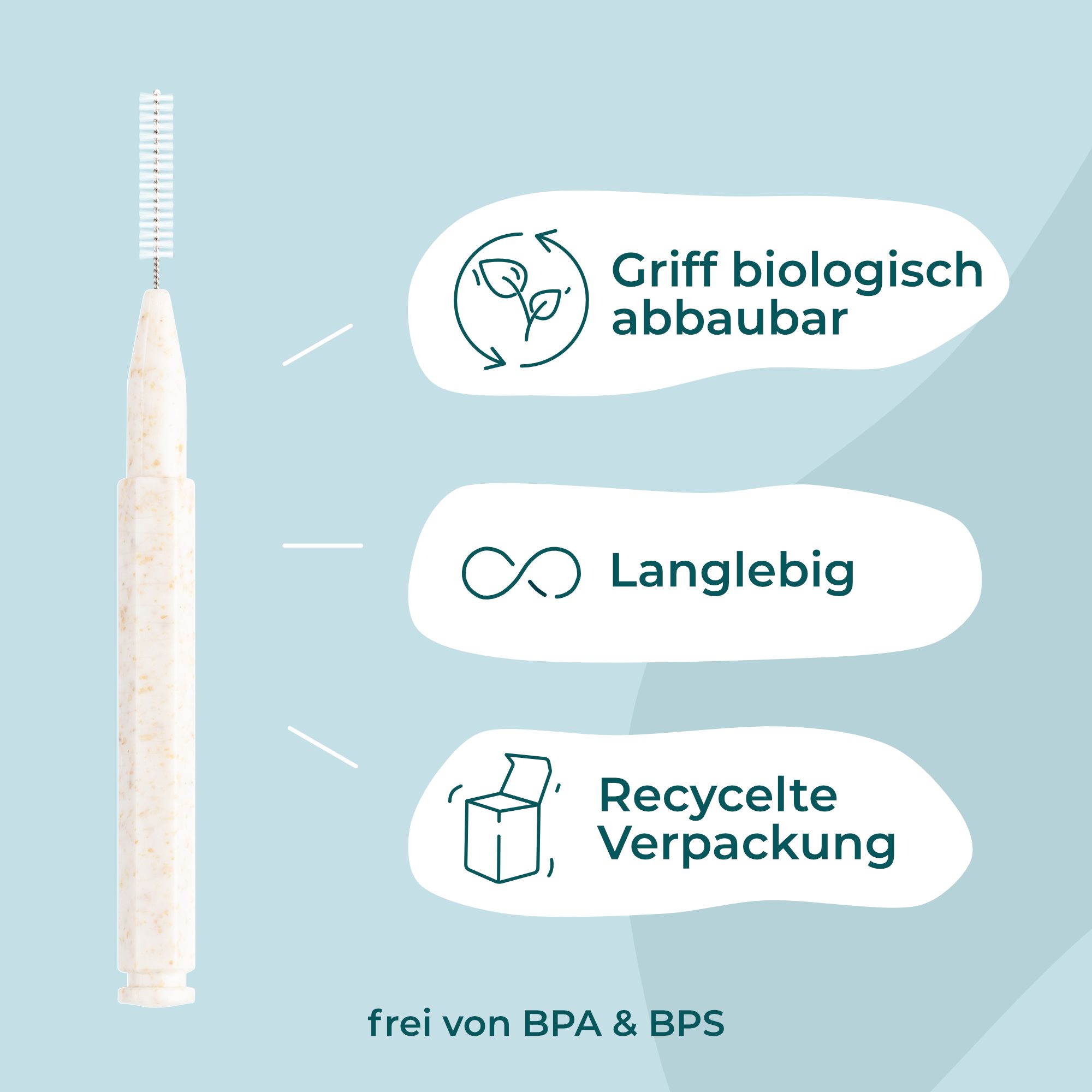 Bürste und Icons. Text: Griff biologisch abbaubar, langlebig, recycelte Verpackung. Frei von BPA & BPS.