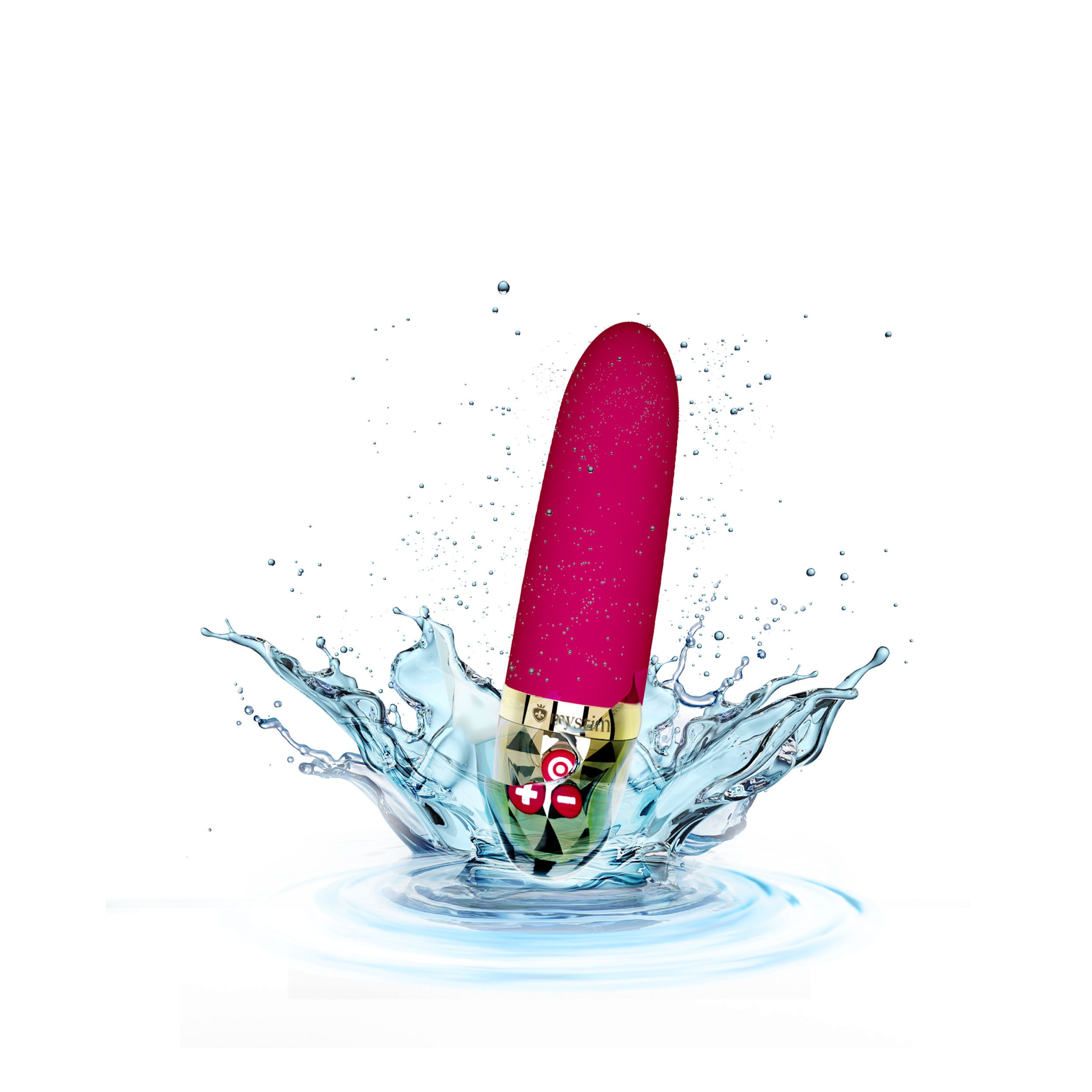 Fuchsiafarbener Vibrator im Wasser. Zylindrische Form, goldfarbene Akzente. Mystim Sleak Freak.