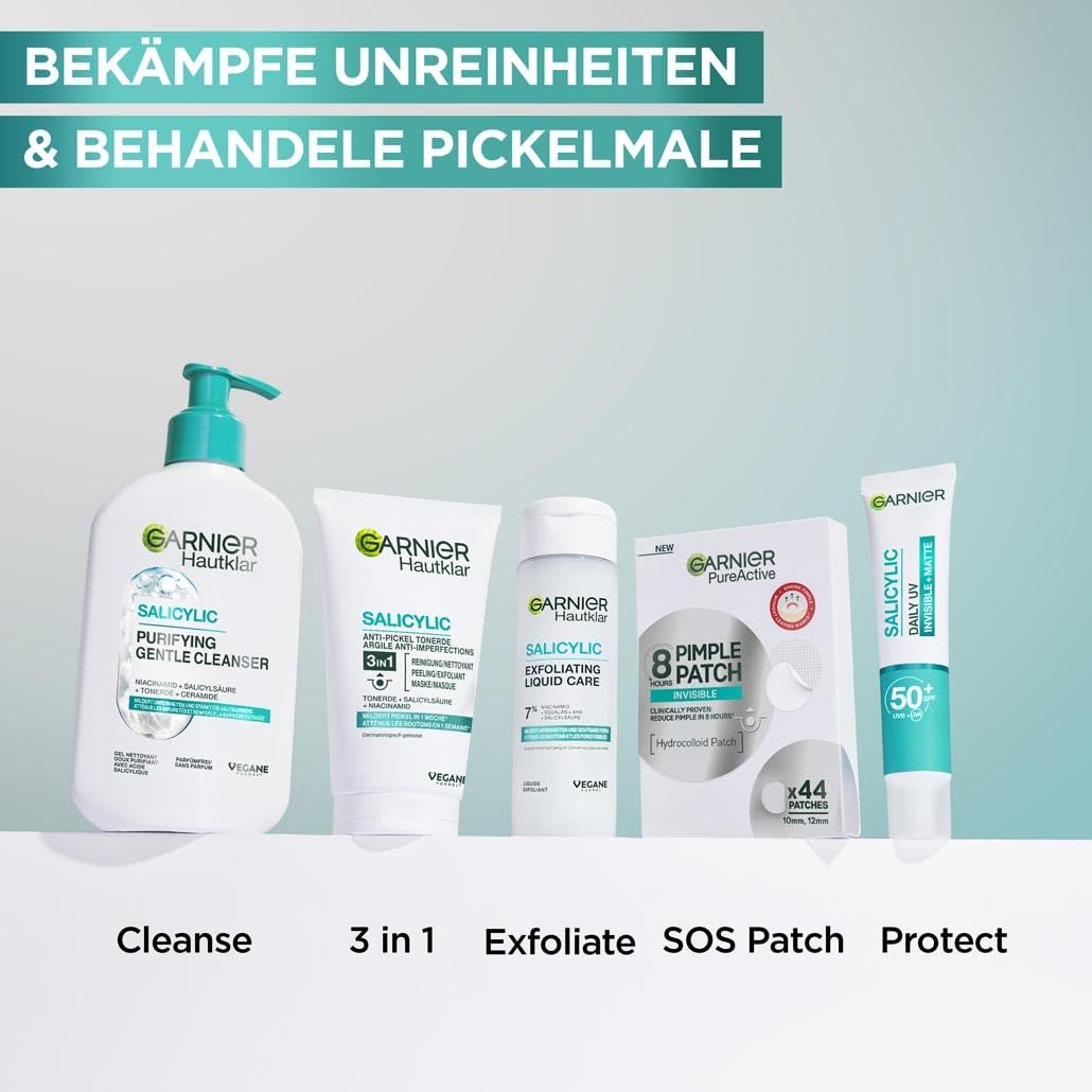 Verschiedene Produkte. Text: Garnier Hautklar Salicylic. Produkte zur Reinigung, Pflege und Behandlung von Pickelmalen.