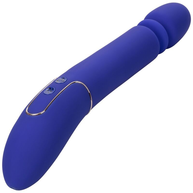 Blauer Vibrator mit abgerundetem Kopf und gebogenem Schaft. Goldfarbene Akzente und Bedienelemente.