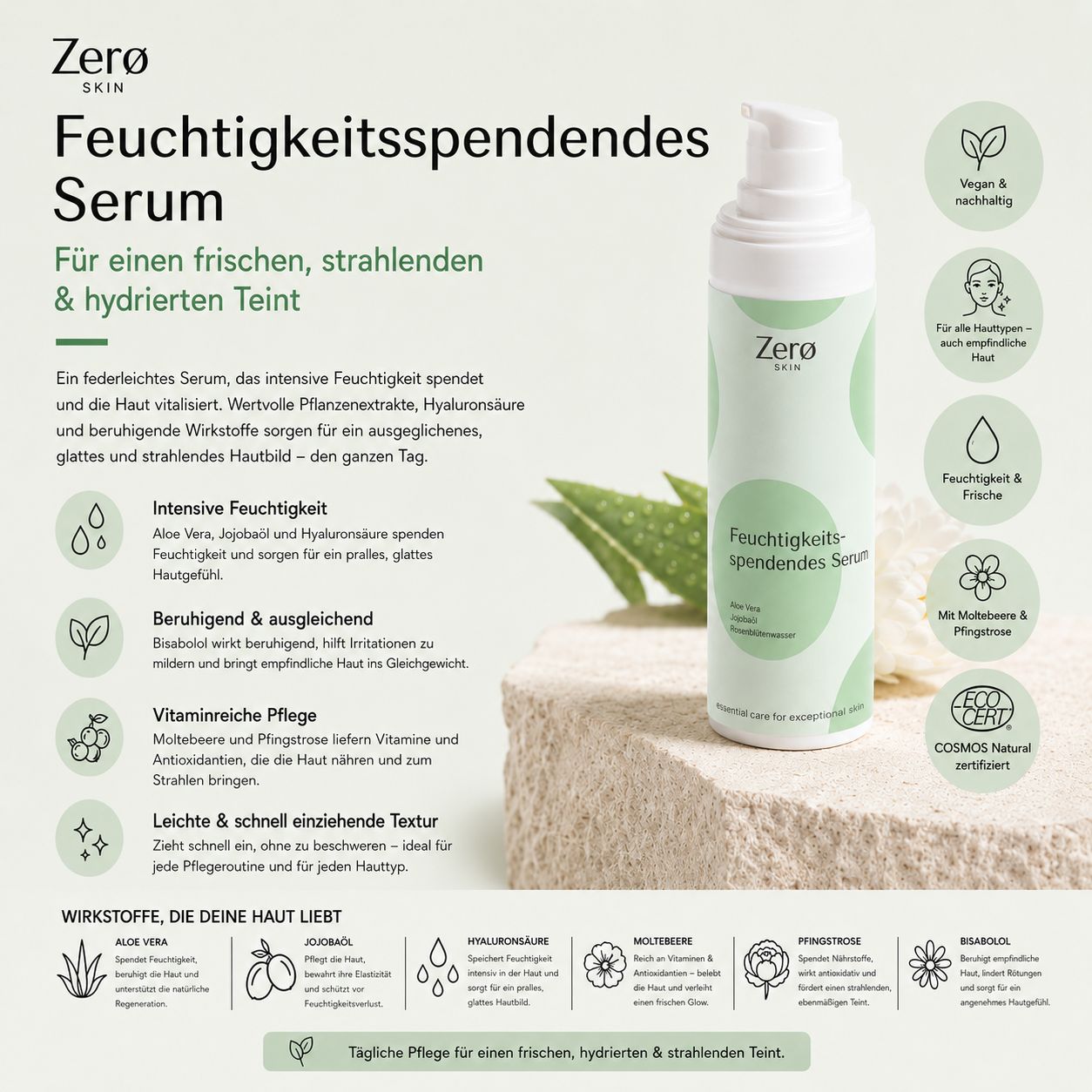 Produktpräsentation mit Serumflasche, Text und Illustrationen. Aufschrift: Zero Skin.