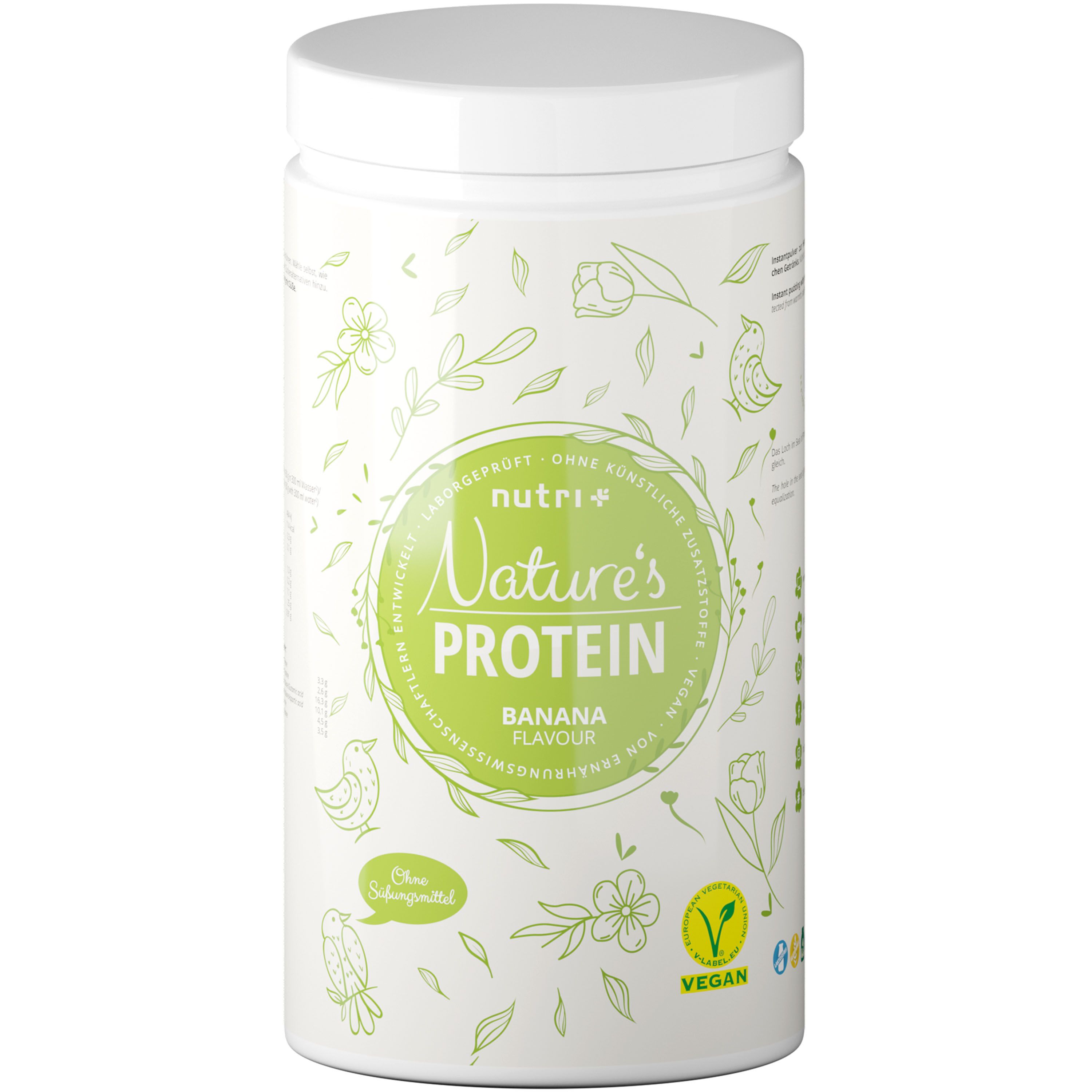 Weißes Protein-Pulver-Behälter mit Deckel. Aufschrift: Nature's Protein, Banana Flavour, Vegan. Grün-weiße Illustrationen.