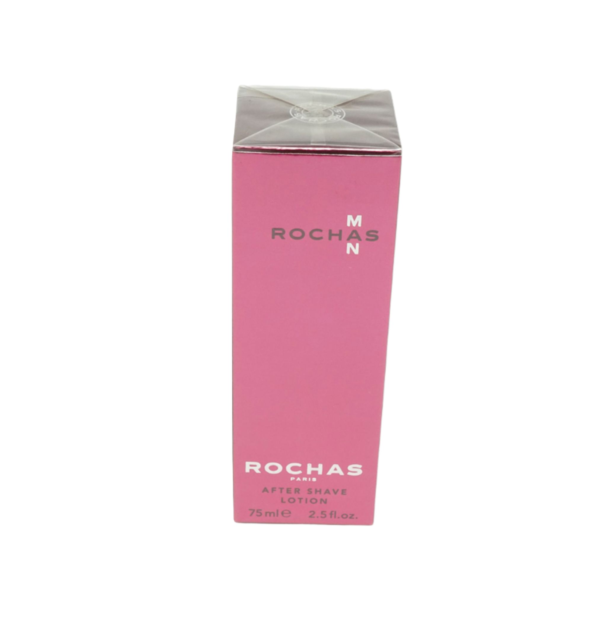 Rosa Verpackung mit transparentem Deckel. Aufschrift: Rochas Man After Shave Lotion. 75ml.