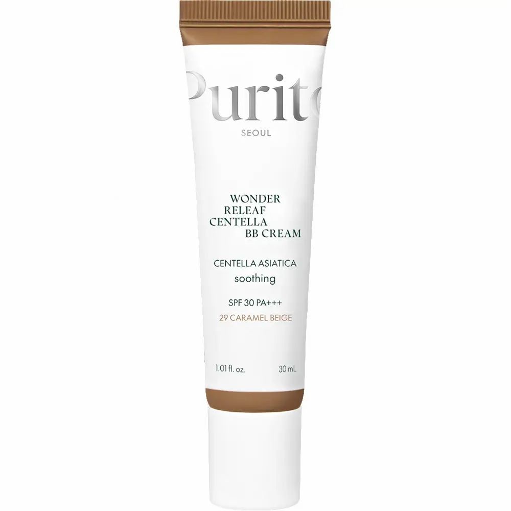 Tube mit BB Cream. Weiß, braun und beige. Text: PURITO, Wonder Releaf Centella BB Cream, SPF 30 PA+++, 29 Caramel Beige.