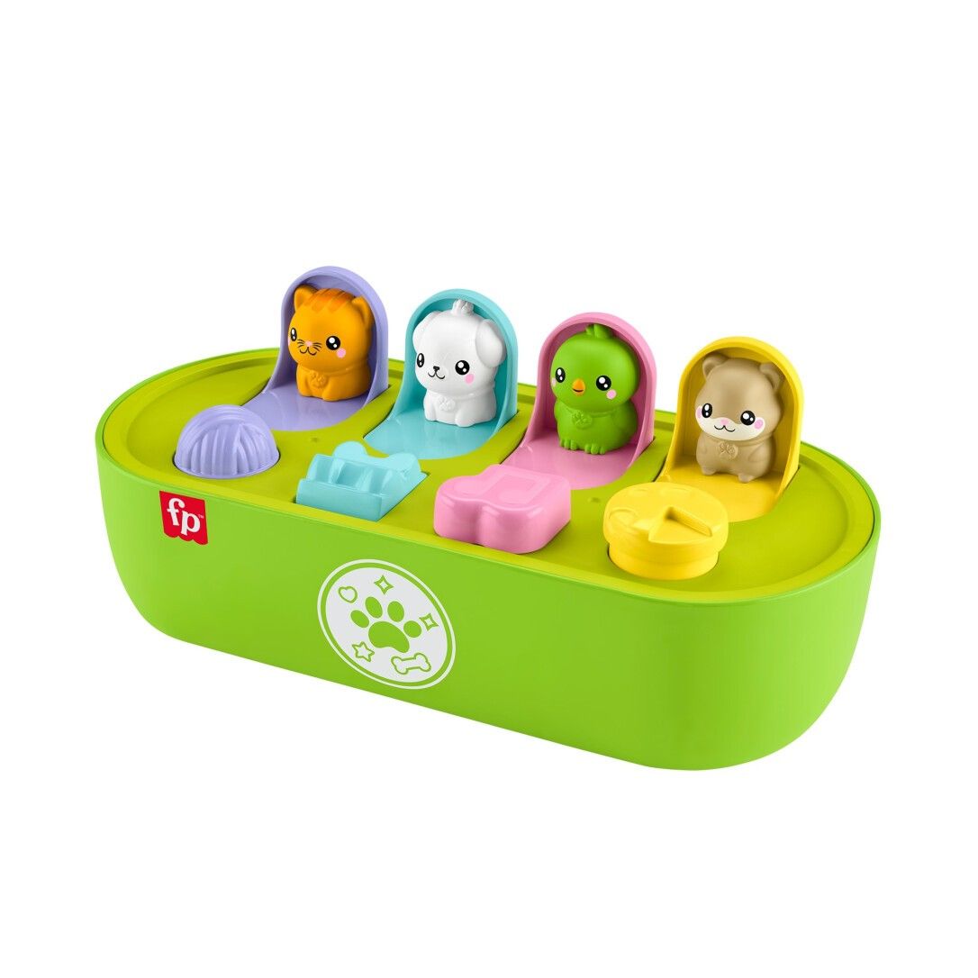 Pop-up-Spielzeug mit vier Tierfiguren. Grünes Gehäuse, bunte Knöpfe und das Logo "fp".