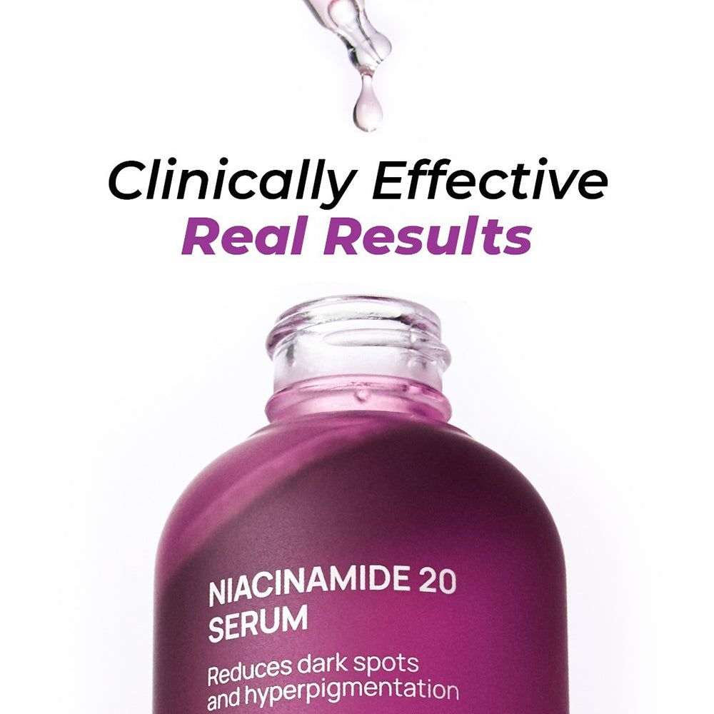 Flasche mit Niacinamid 20 Serum und Pipette, die einen Tropfen abgibt. Reduziert dunkle Flecken und Hyperpigmentierung.
