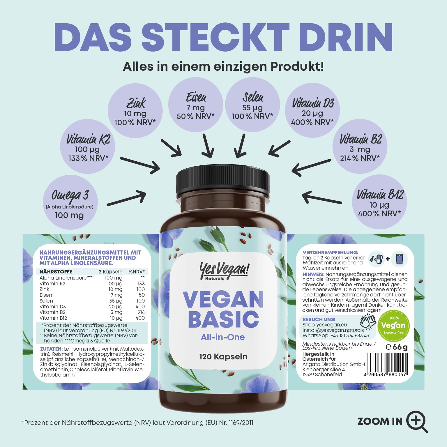 Yes Vegan® Vegan Basic - Vitamin B12 K2 D3 Eisen Zink Selen und Omega 3 - Kapseln