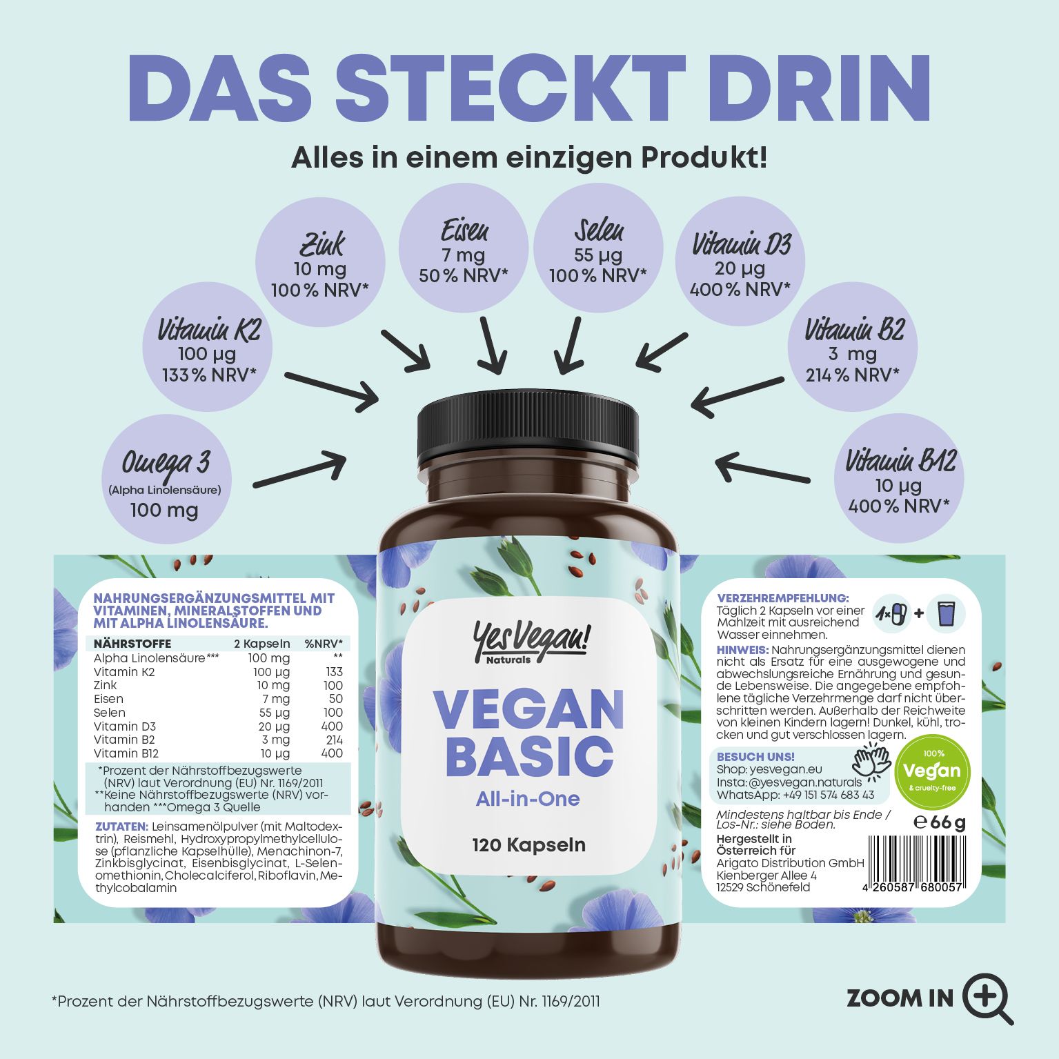 Yes Vegan® Vegan Basic - Vitamin B12 K2 D3 Eisen Zink Selen und Omega 3 Kapseln 3x66 g