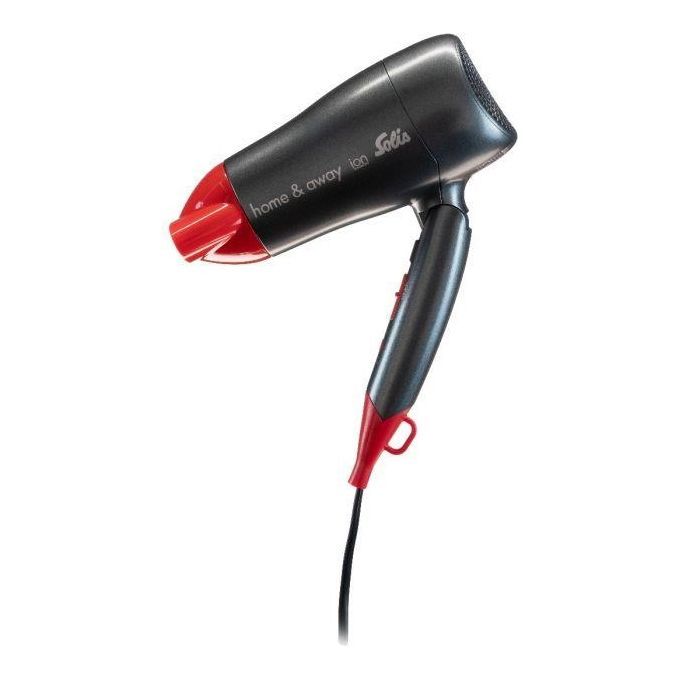 Haartrockner, schwarz-rot. Aufschrift: Home & Away, Ion, Solis. Roter Aufsatz, Griff und Details. Schwarzes Kabel.