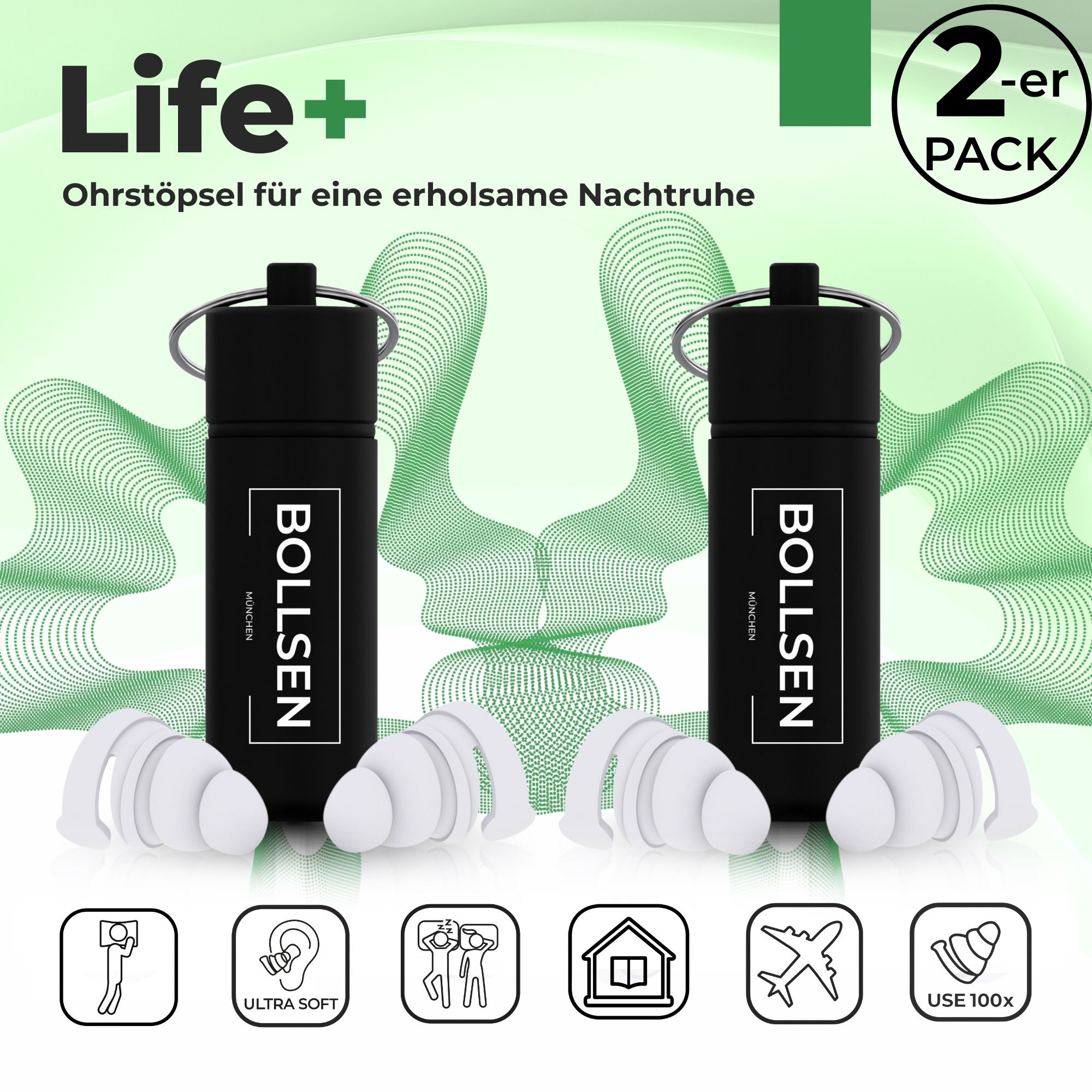Life+ BOLLSEN Ohrstöpsel für erholsame Nachtruhe, 2er Pack mit Etuis und Icons.